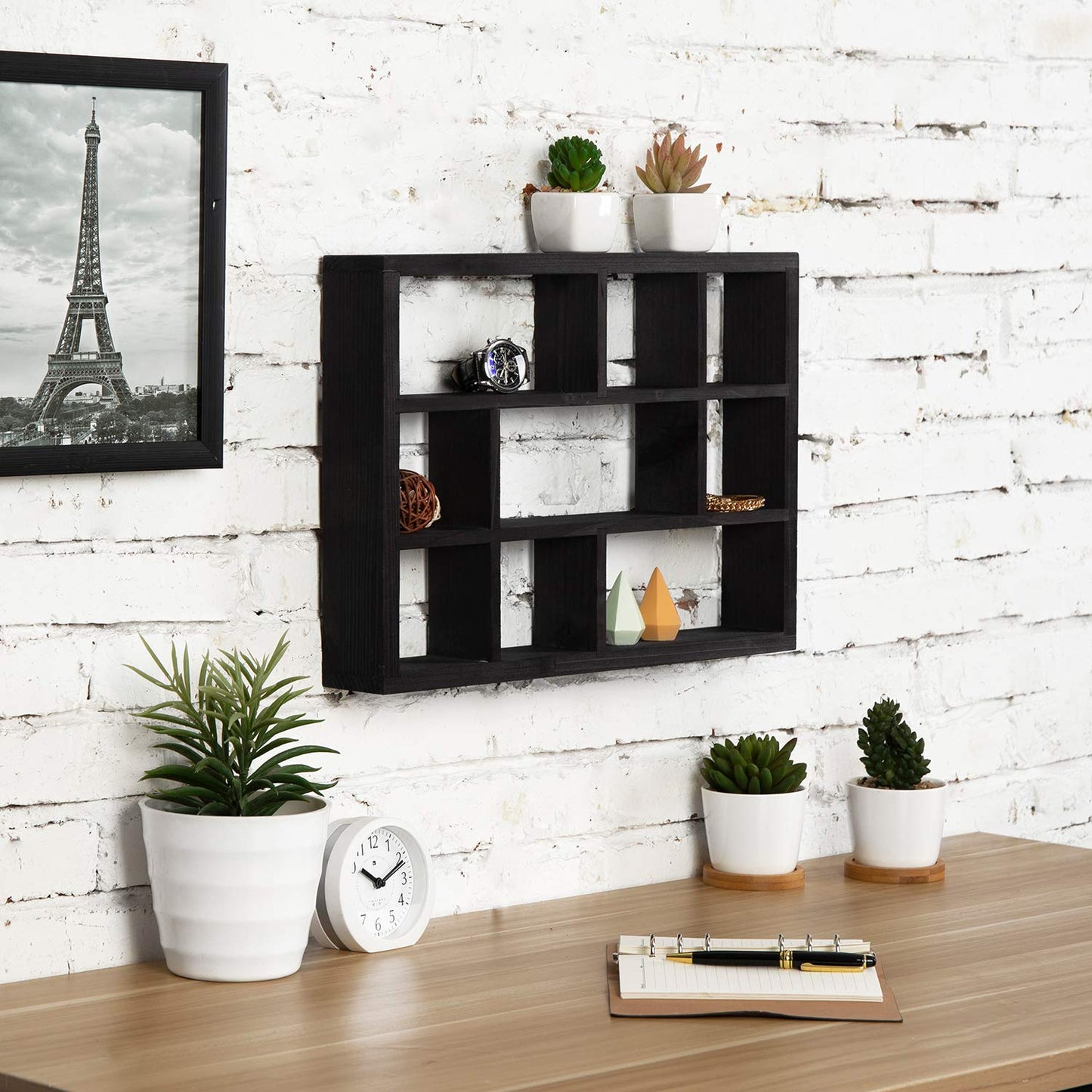 MyGift 9 Compartment Vintage Solid Wood Shadow Box, Wall Mountable Curio Display Case, Freestanding or Floating Shelf for Collectible Figurines, Succulents (Matte Black)