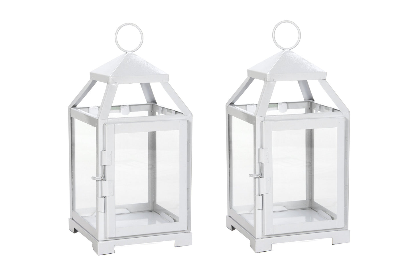 Hosley Set of 2 Clear Glass and Iron White Color Farmhouse Classic Style Lantern 12 Inch High Ideal Gift for Weddings Bridals Special Occasions Parties Aromatherapy and Spa Settings O4