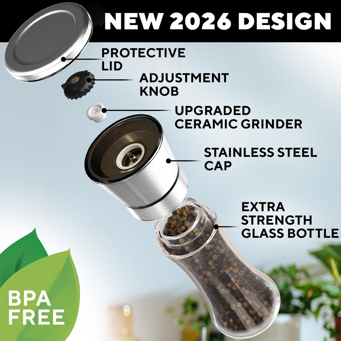 Premium Salt and Pepper Grinder Set of 2 - Two Refillable Stainless Steel Sea Salt & Spice Shakers with Adjustable Coarse Mills - Easy Clean Ceramic Grinders w/BONUS Silicone Funnel & Cleaning Brush