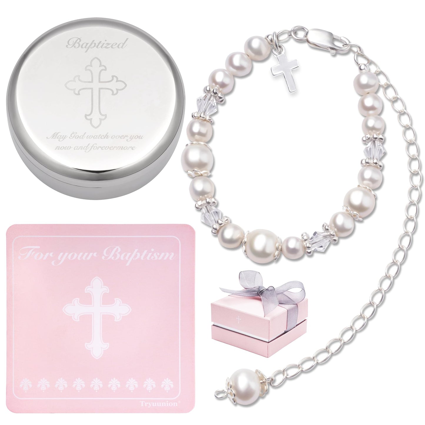 Tryuunion Baptism Bracelet in Sterling Silver and Cultured Pearls for Baby Girls, with Silver-plated Jewelry Keepsake Box, Great Catholic Christening and Baptism Gifts for Girl