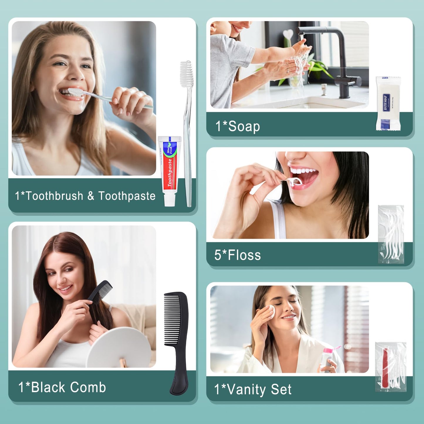 HQSLsund 10 Sets Personal Hygiene Kit Bulk, Disposable Toothbrushes with Toothpaste Floss Comb Soap Cover and Vanity Kit, Toiletry Kits Homeless Supplies Bulk for Women,Men,Travel,Homeless