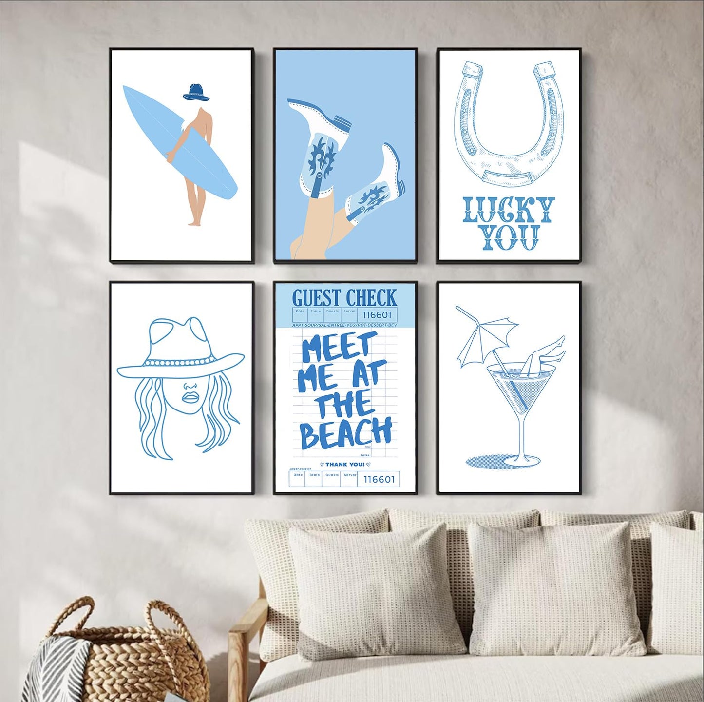 lkjhgf999 6Pcs Coastal Cowgirl Wall Art Surfer Girl Canvas Posters Blue beachy wall decor Cowgirl Room Decor Preppy Aesthetic Pictures Prints for Teen Girl Dorm Apartment Decoration 12x16in