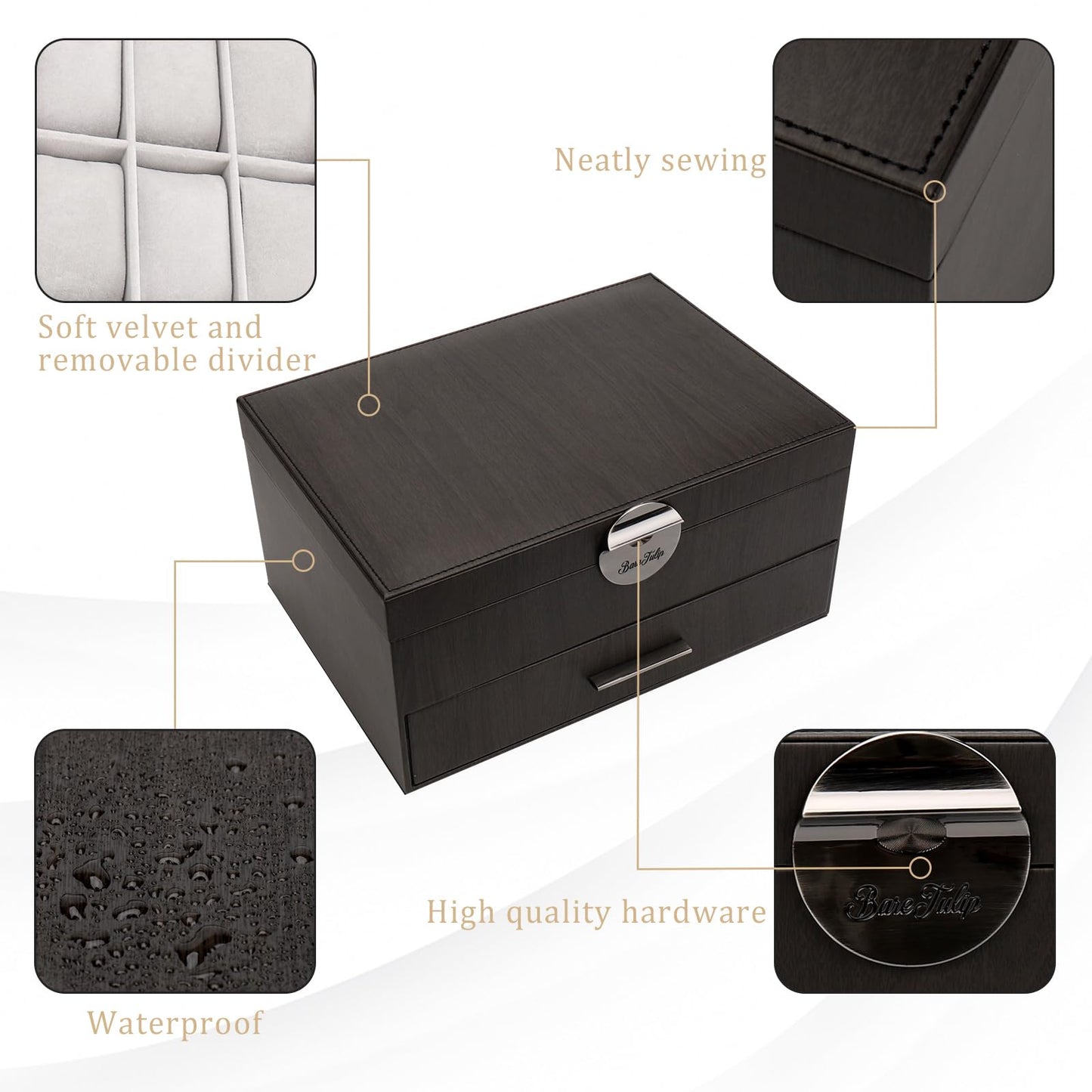 BareTulip Jewelry Box for Men 2-Layer Valet Organizer with 2 Drawers Watch Ring Necklace Cufflink Storage Case Glass Lid Premium PU Leather Mens Accessories Box Gift for Husband Boyfriend Dad Black