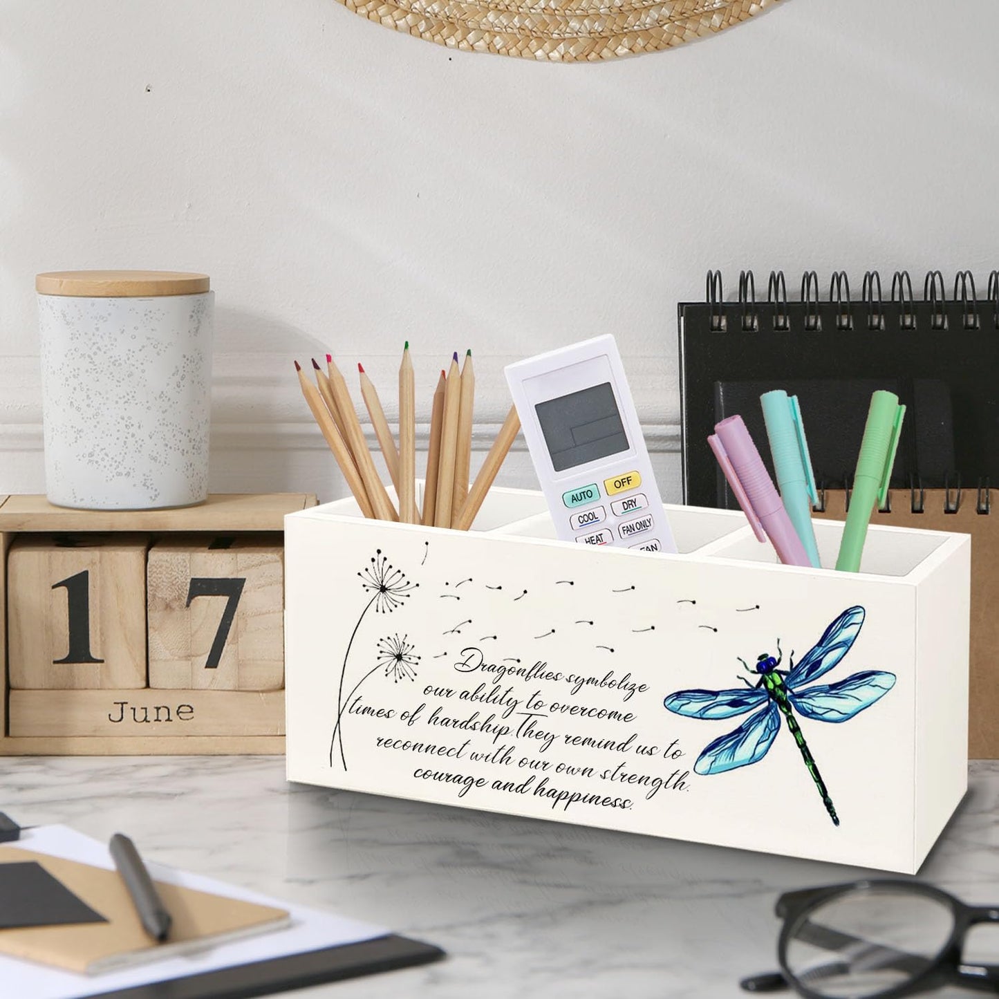 Yhtrg Dragonfly Dandelion Decorative Pencil Holder for Desk, Bookmark Holder Decor, Pen Caddy for Desk Decorative, Motivational Gifts for Women