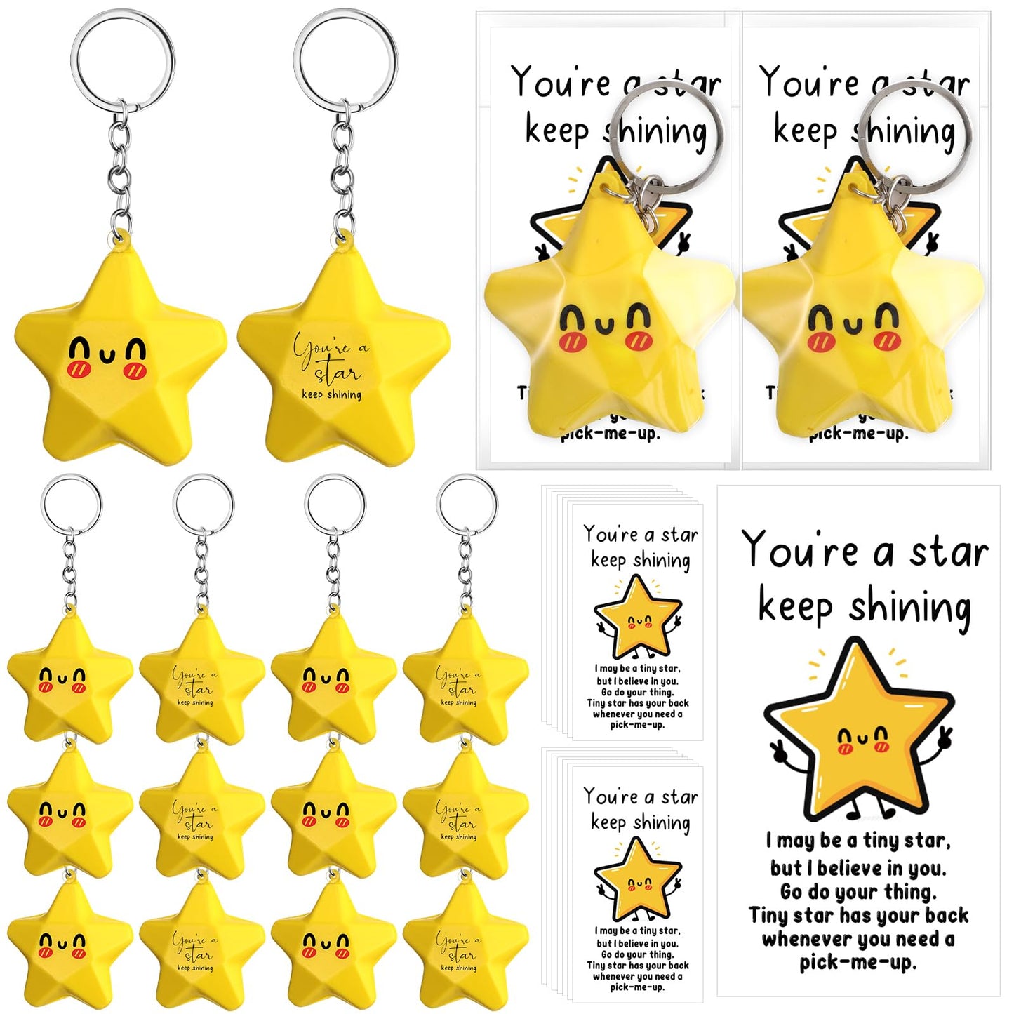 Wavwavw 36 Set Inspirational Gifts Star Keychain with You Are a Star Card Office Thank You Gift for Team Employee Coworkers (Yellow)