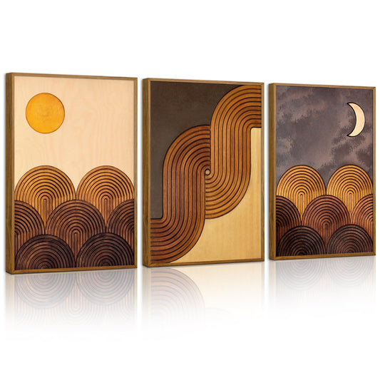 Tinonedraw Mid Century Modern Framed Canvas Wall Art Set, Boho Minimalist Geometric Arch Wall Decor, Bohemian Sun and Moon Art Paintings, Beige Brown Wooden Artwork for Living Room Bedroom 16"x24"x3