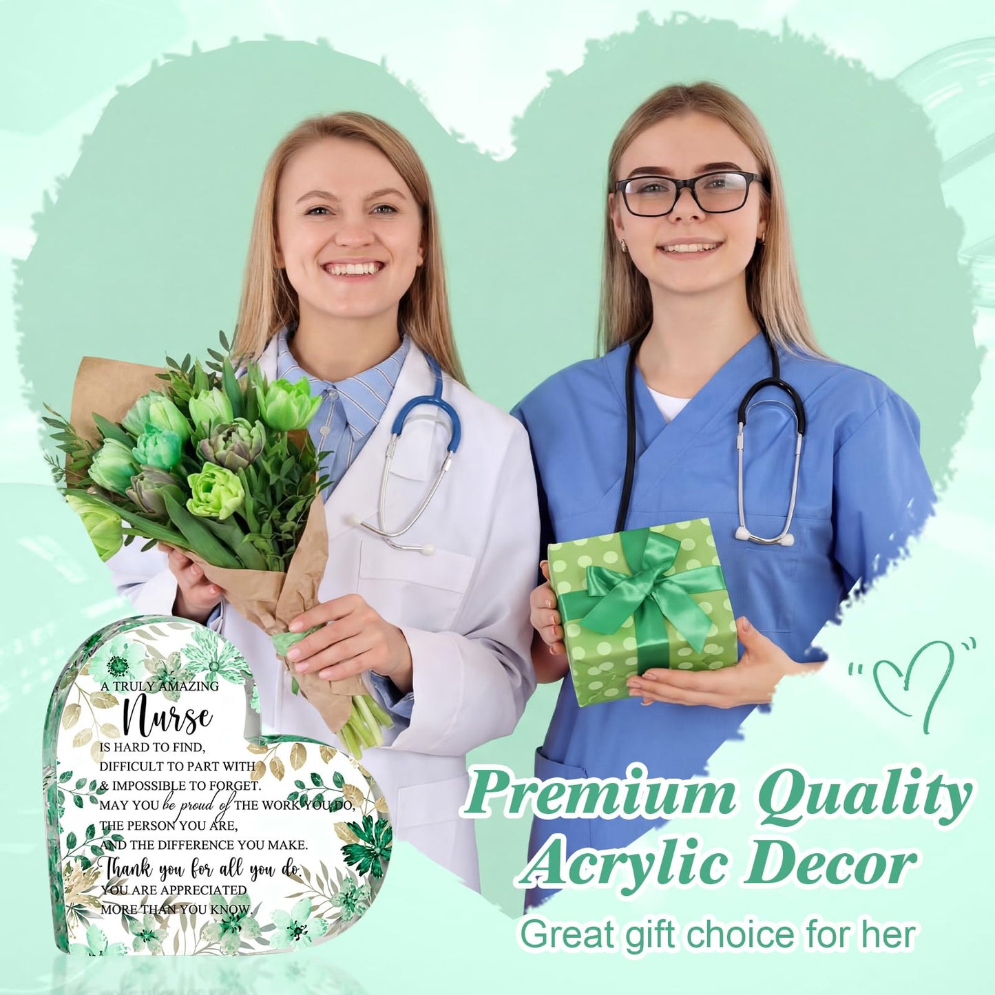 Kathfly Nurse Appreciation Gift for Women, Floral Inspirational Acrylic Sign Prize Thank You Nurse Week for Graduation, Hospital Practitioner Gift for Women Teacher Table Desk Decor(Heart,Green)