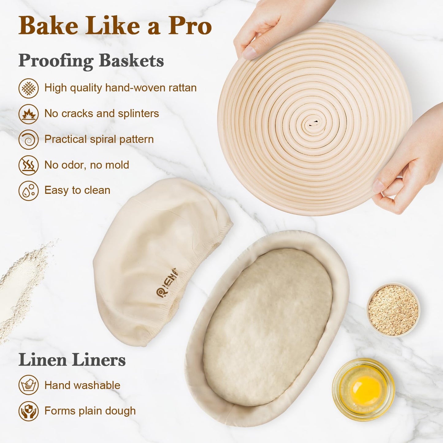 REMEIT Banneton Bread Proofing Basket Sourdough Bread Baking Supplies, Sourdough Starter Kit with 9" Round and 10" Oval Baskets, Sling, Bread Lame, Proofing Cover, Scraper, Dough Whisk