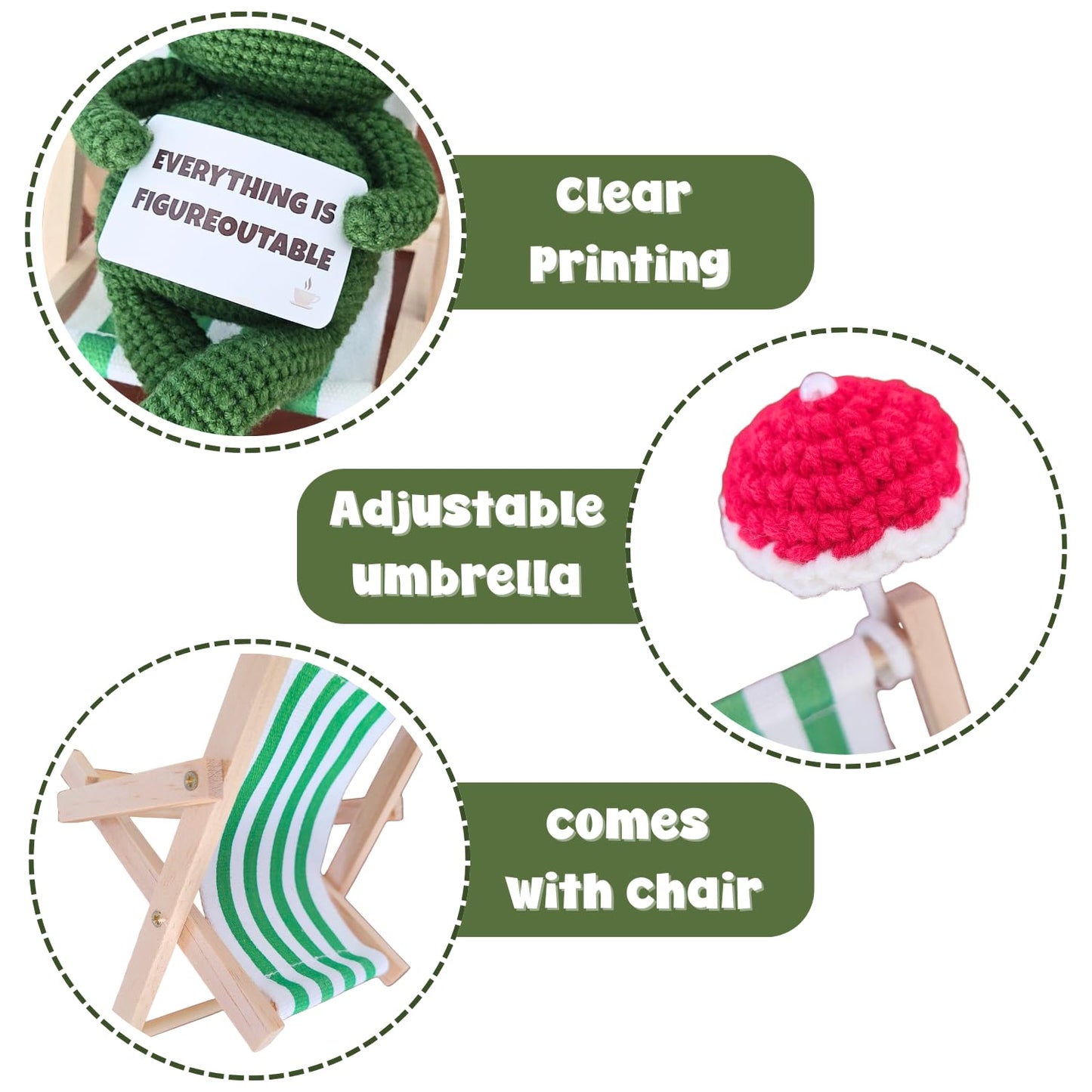 LUDEONA Inspirational Frog Desk Decor - Everything is Figureoutable Emotional Support Frog, Funny Coworker Gift for Women Men, Crochet Frog Plush with Mini Chair & Umbrella, Office Relaxation Gift