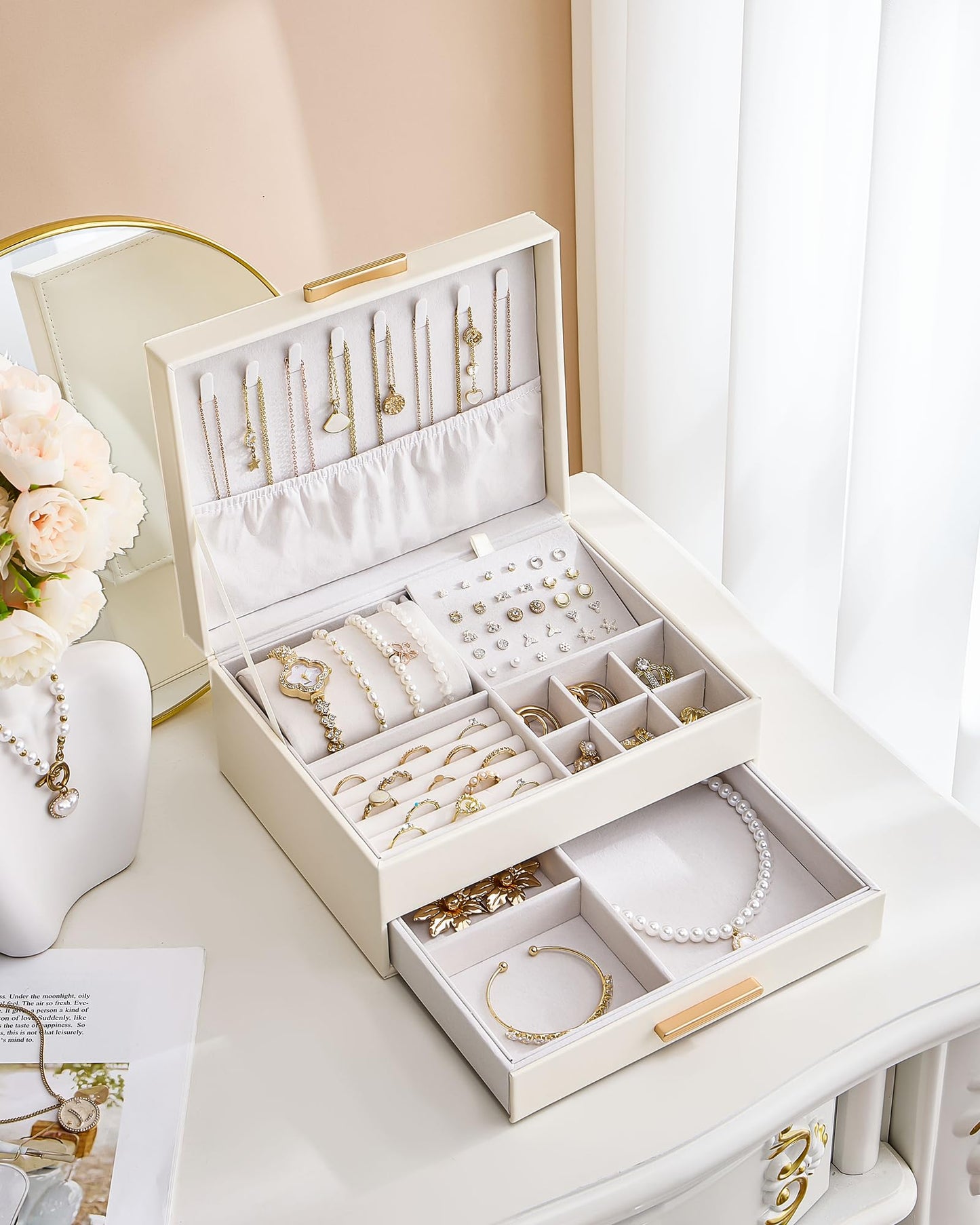 Lolalet 2-Layer Jewelry Box Organizer for Women Girls, Jewelry Storage Case Holder with Drawers for Necklaces Ring Earrings Bracelet Watch, Gifts for Galentines Valentines Girlfriend Wife -Beige