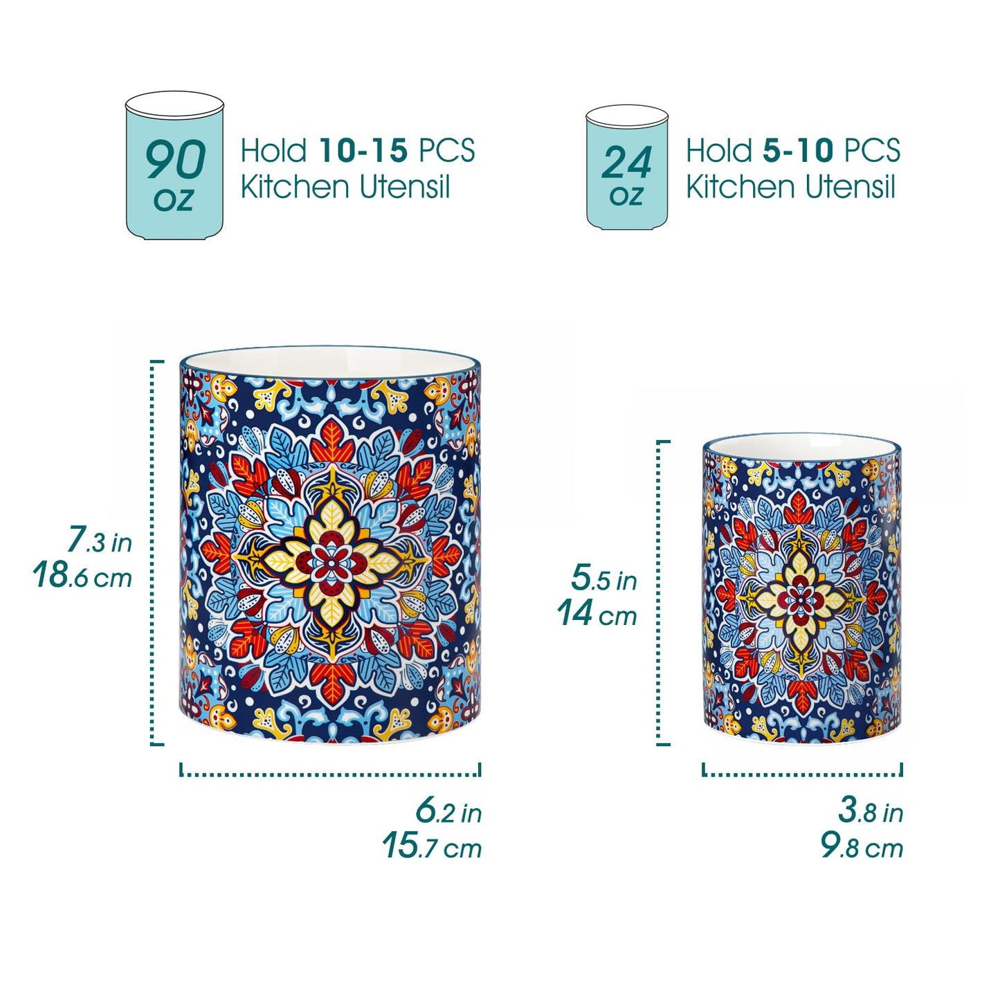 vancasso SIMI Utensil Holder, 7.3"+5.5" Porcelain Kitchen Utensil Holder for Countertop, Bohemian Kitchen Utensil Organizer for Spatulas, Spoons, Decorative Counter Utensil Crock, Twilight Bloom
