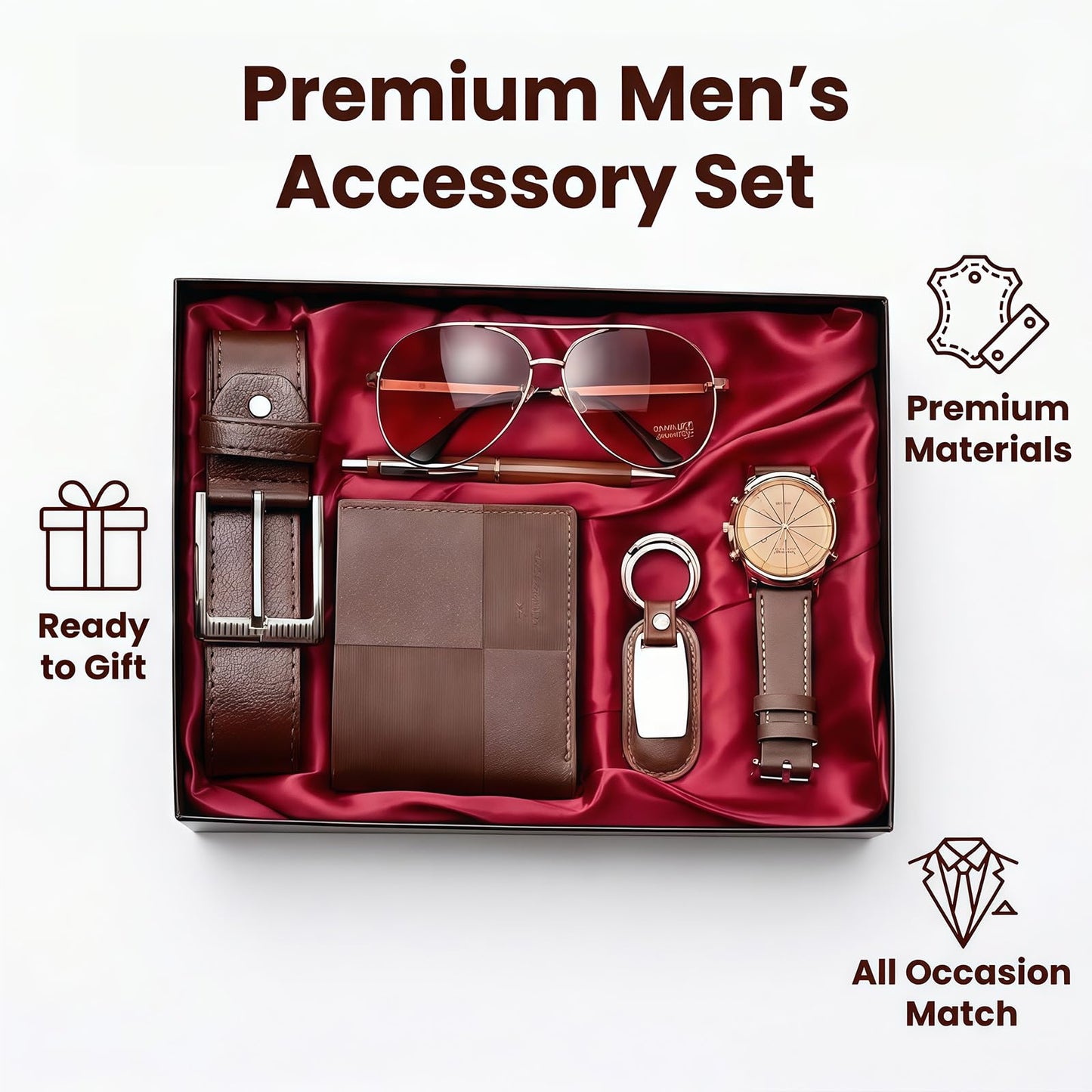 CXLZENGH Premium 6-Piece Men’s Gift Set — Belt, Wallet, Watch, Sunglasses, Keyring and Pen — A luxurious birthday/Christmas gift for dad, husband or boyfriendCoffee Brown