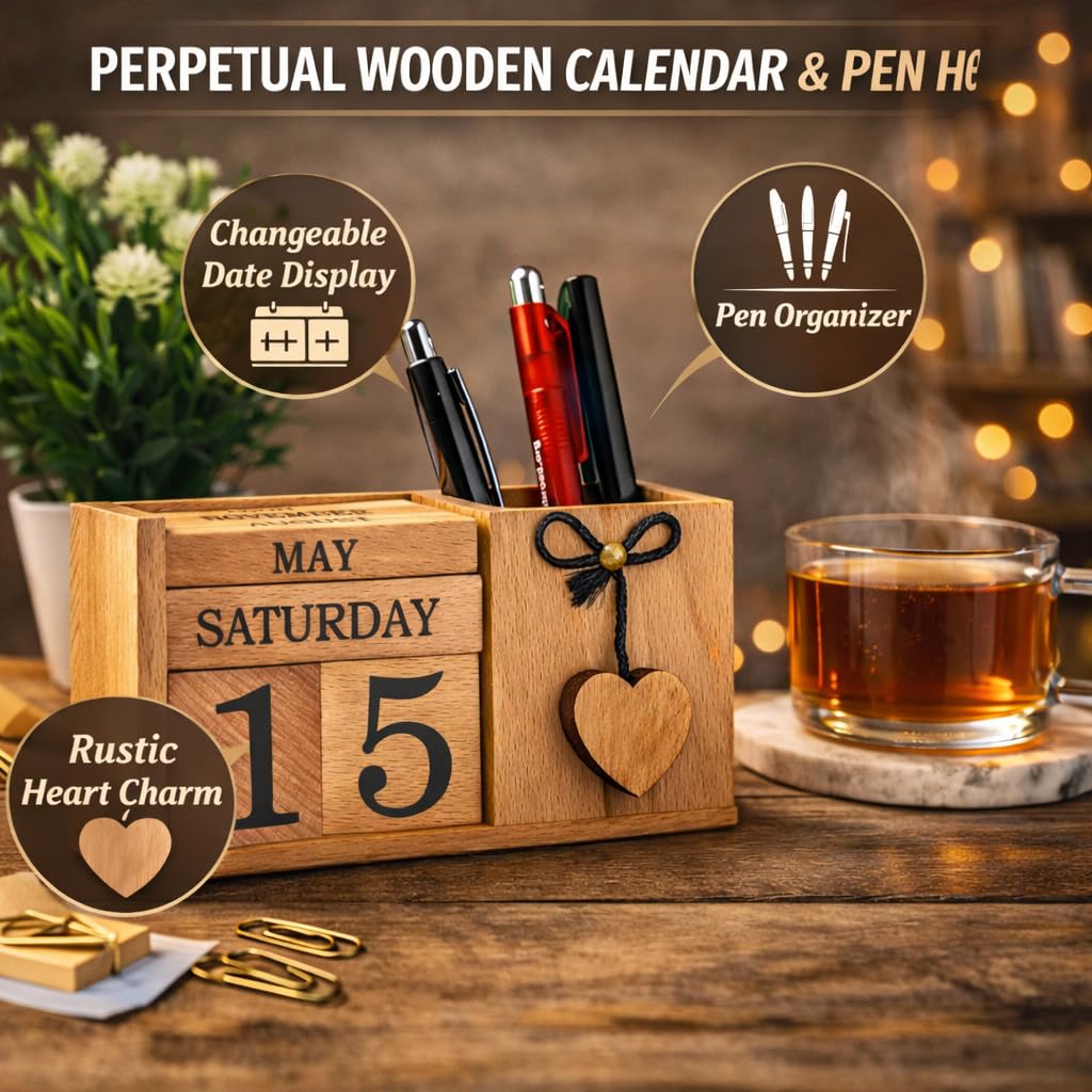 Frescorr - Wooden Perpetual Calendar for Desk, Wood Month Date Display Blocks for Teachers, Students, Classrooms, Farmhouse Office Decor, Desk Accessories