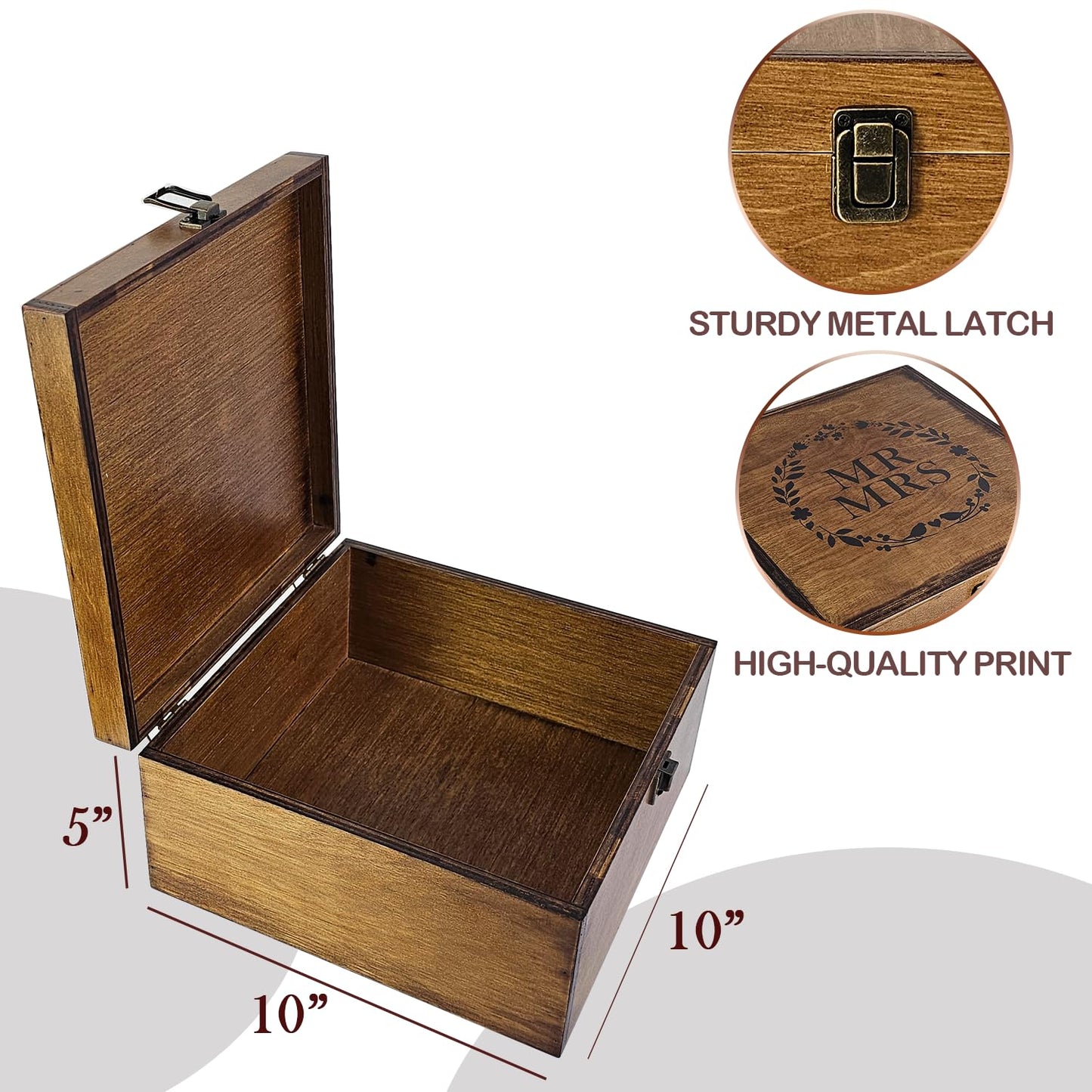BeeGreeny Large Mr and Mrs Wooden Wedding Keepsake Box for Couples, 10"x10"x5" Wooden Memory Box with Lid, Wedding Gift Box for Bride and Groom, Bridal Shower, Anniversary Valentines Gift Ideas