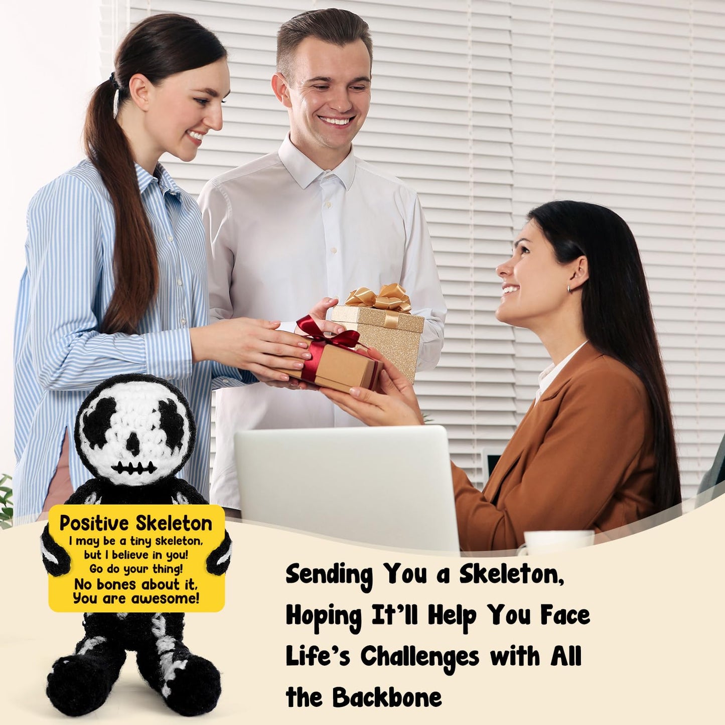 Hweijm Positive Skeleton Skull Christmas Stocking Stuffer Crochet Gag Gift, Spooky Cute Mini Collectible for Teens Women Men Friends, White Elephant Exchange, Secret Santa Gift, Skeleton Desk Decor