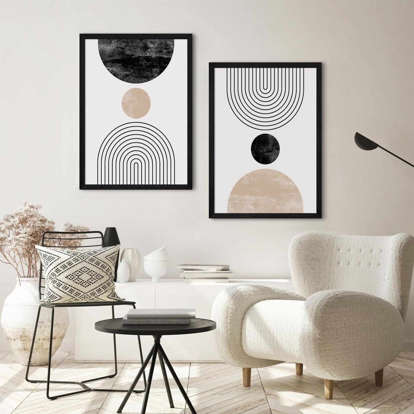 Mid Century Modern Wall Art Prints Set of 2 Neutral Abstract Geometric Wall Art Boho Canvas Prints Mid Century Eoind Wall Decor Modern Abstract Pictures Artwork for Home Room 12x16 Inch Black Framed