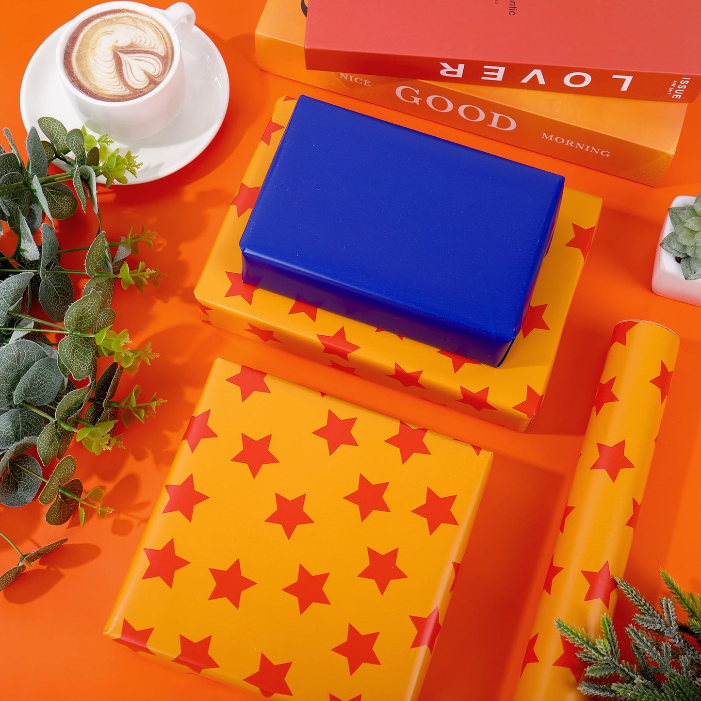 JarThenaAMCS Anime Theme Wrapping Paper -Mini Roll- 17 Inch x 32.8Ft Blue Orange Star Gift Wrap Art Paper for Cartoon Animation Birthday Baby Shower Supplies