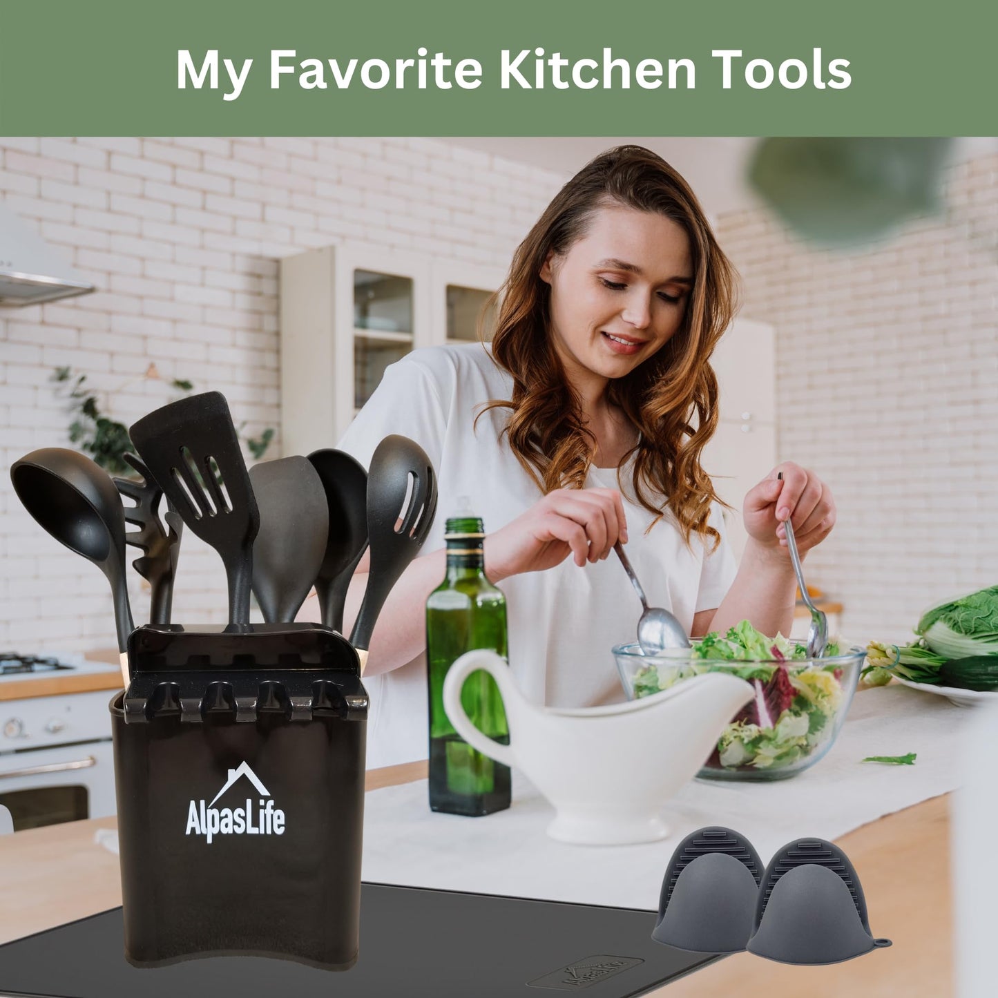 Complete Kitchen Essentials Set - Silicone & Wood Utensils, Spoon Rest, Utensils Holder, Non-Stick Baking Mats & Grilling Mats, Mini Oven Mitts, Combo Cutting Board & Dish Drying Pad