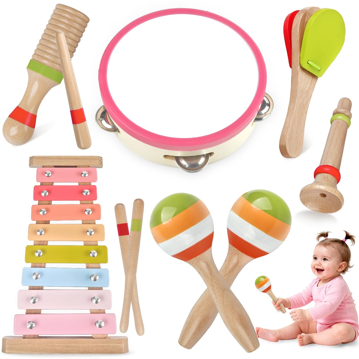 Baby Musical Instruments for Girls-Montessori Wooden Toys for Toddlers 1-3,Percussion Instruments Set with Xylophone Preschool Educational 3+ Christmas Birthday Gift for 1 2 3 Year Girl (Pink)