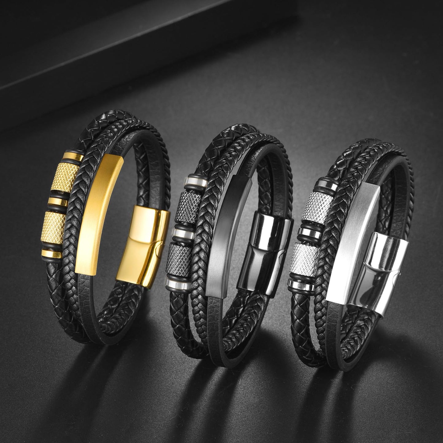 Mens Leather Bracelet, Leather Bracelet For Men, Multi-Layer Braided Leather Mens Bracelet with Stainless Steel Clasp, Perfect or Dad, Husband, Son, Grandson, Nephew, Comes With Gifts Box(Black)