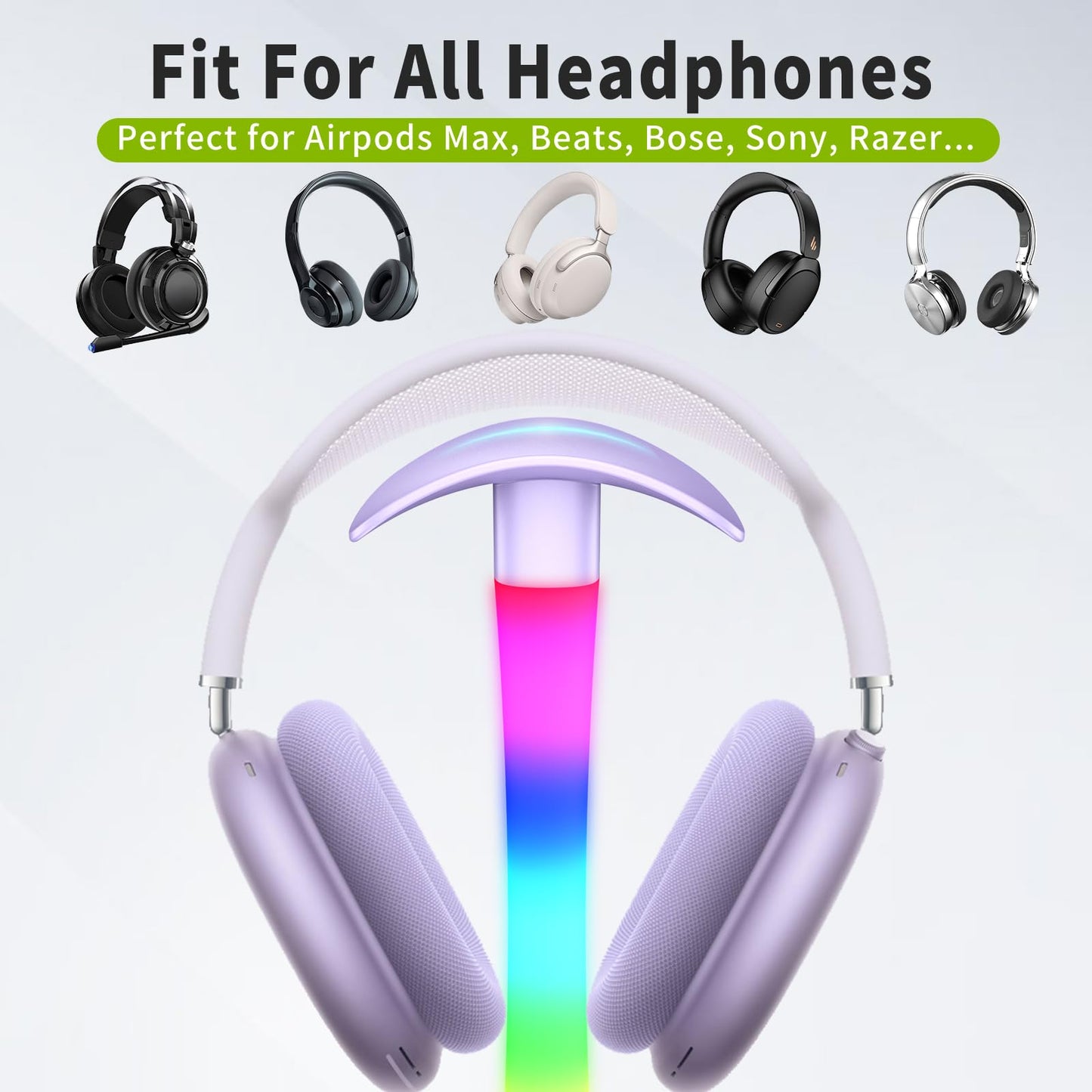 Tascaquin Headphone Stand with Charger,Gaming Headset stand with RGB Light Mode,For Airpod Max Stand,Desk Lamp,Phone Holder,Tablet Holder,desktop organizer,Gifts for Gamers & Music Lover (Purple)