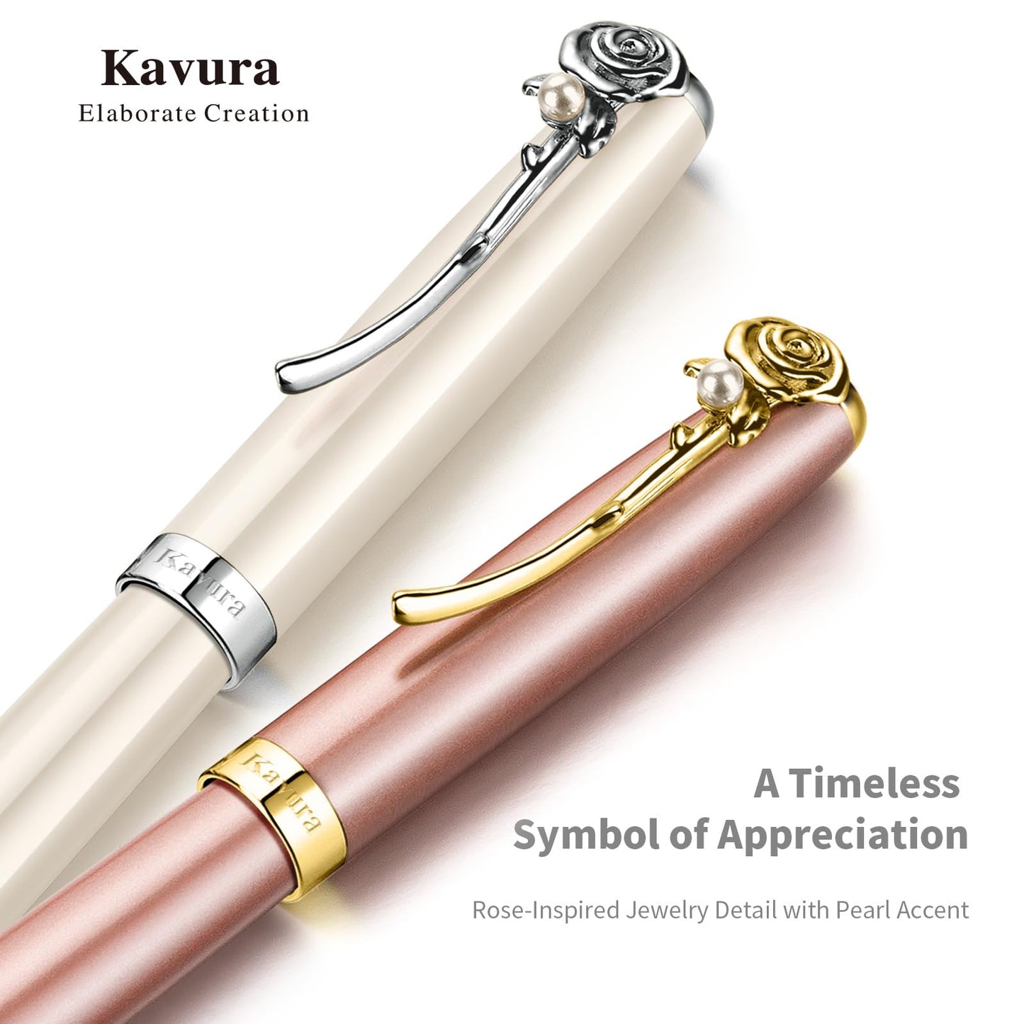 Kavura Rose & Pearl Rollerball Pen – Luxury Brass Pen Gift Set for Women, Jewelry-Inspired Design, Glossy Finish, with German Refill, Romantic Gift for Her, Anniversary & Valentine’s Day (Rose Gold)