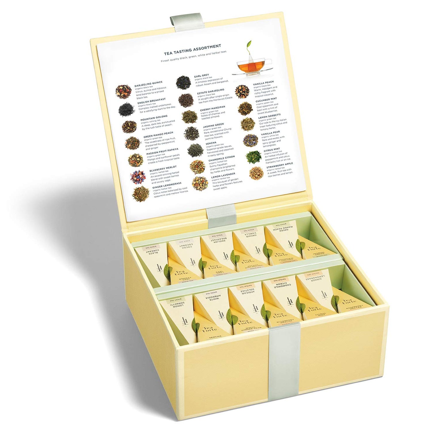 Tea Forte Organic Assorted Variety Tea Sampler, Tea Tasting Tea Chest Gift Box with 40 Handcrafted Pyramid Tea Infuser Bags, Black Tea, Herbal Tea, Oolong Tea, Green Tea, White Tea