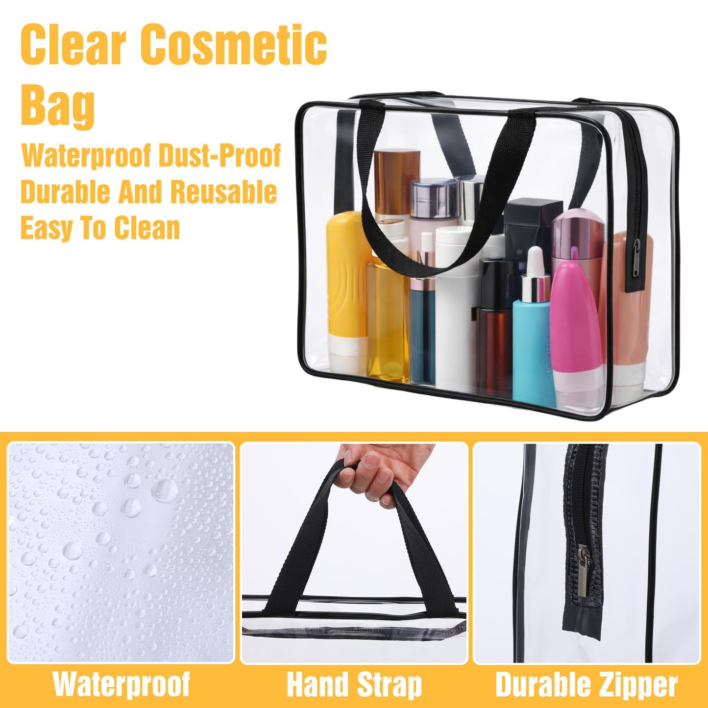 10 Pcs Large Clear PVC Storage Bags with Zipper and Handle, Waterproof Reusable Travel Organizer for Makeup, Toiletries, Toys and Board Games