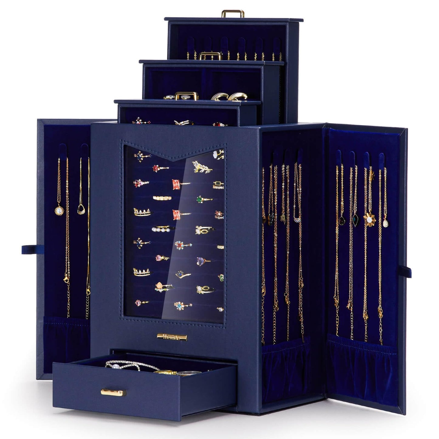 Homde Jewelry Organizer with Transparent Window Necklace Hooks Gift for Women Jewelry Box Display Case for Necklaces Rings Earrings Bracelets and Other Accessories (Dark Blue)