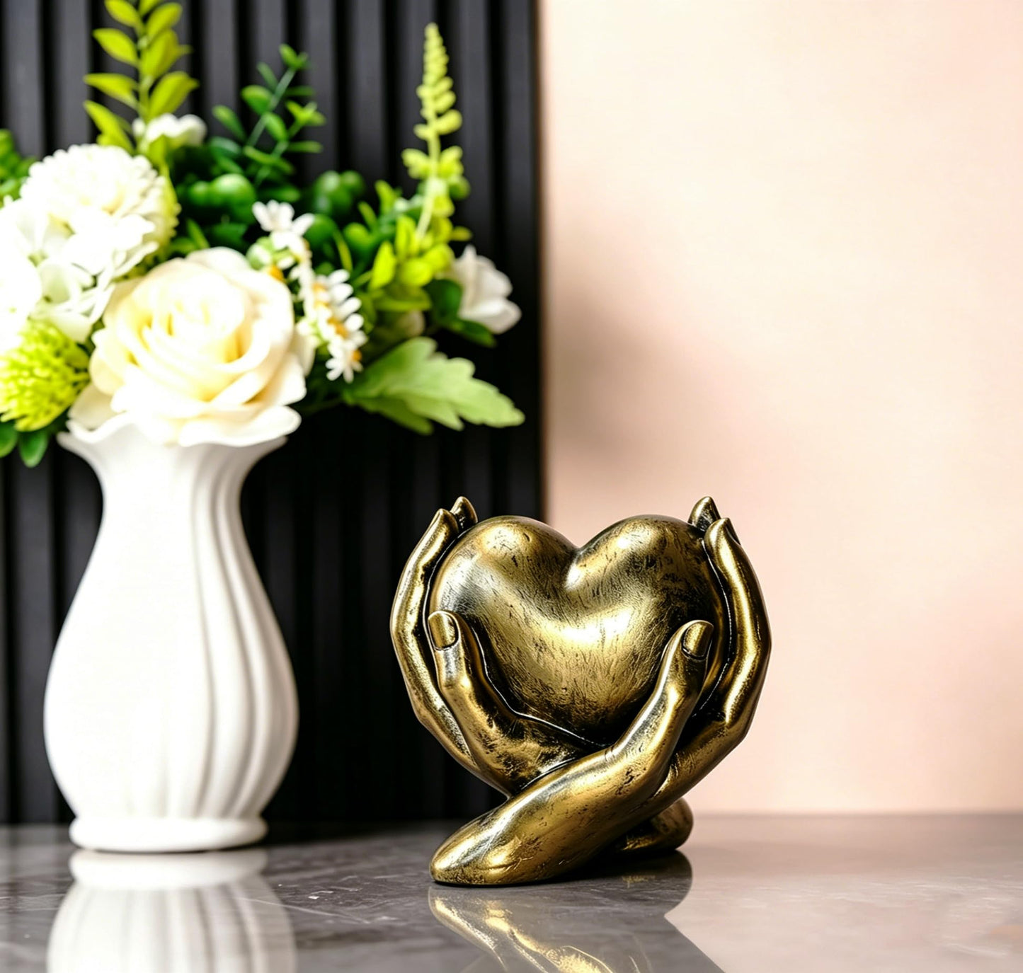 Gold Heart Hands Sculpture Boho Home Decor Accents Living Room Decor, Aesthetic Shelf Decoration, Ideal for Coffee Table, Shelves, Home, Bedroom, Birthday, Wedding Table Decor, and Symbol of Love