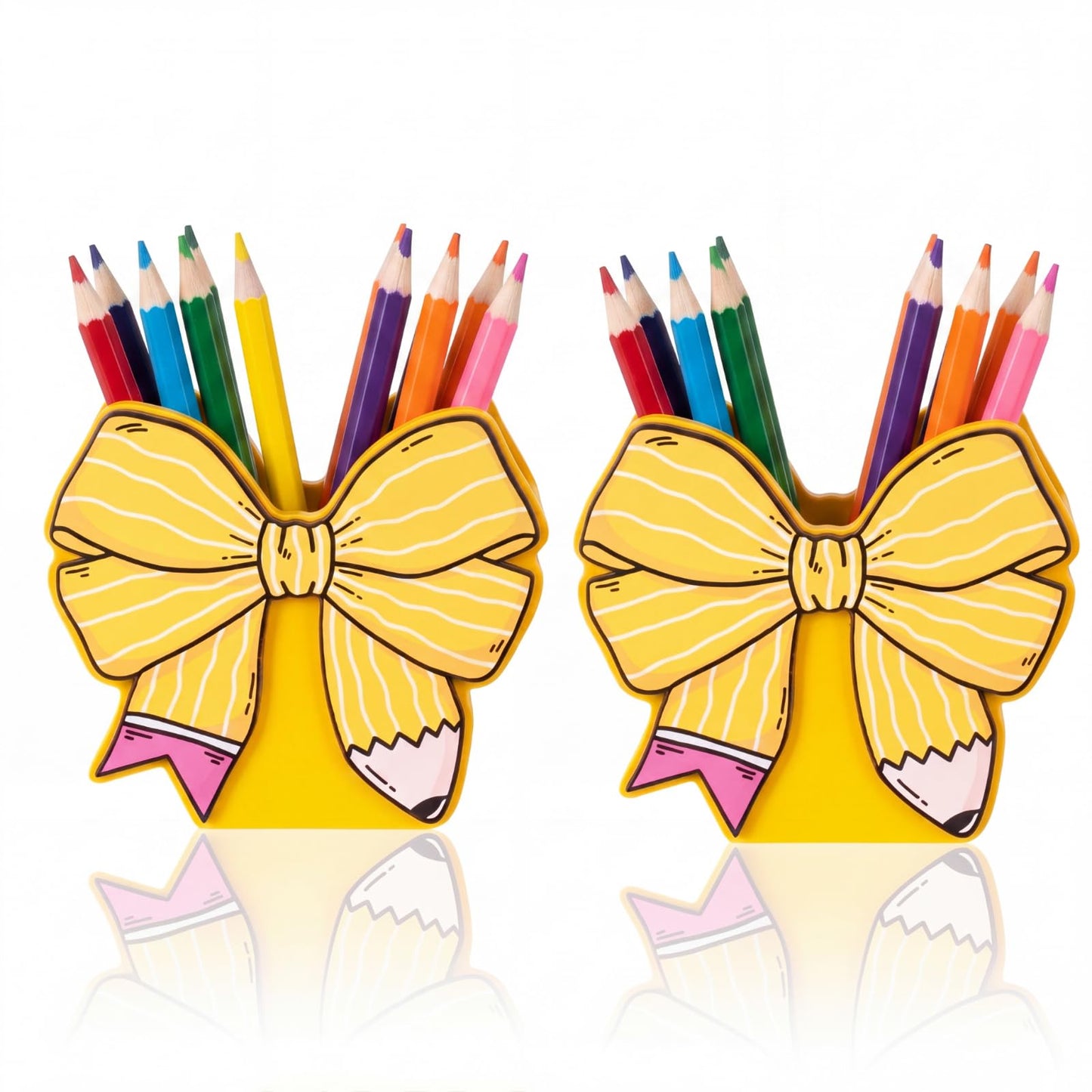 Marspark 2 Pcs Cute Bow Pencil Shaped Pen Holders for Desk Coquette Back to School Gifts Yellow Bow Pencil Organizer Teacher Appreciation Gifts for Women Makeup Brush Office Birthday Thank You Favor