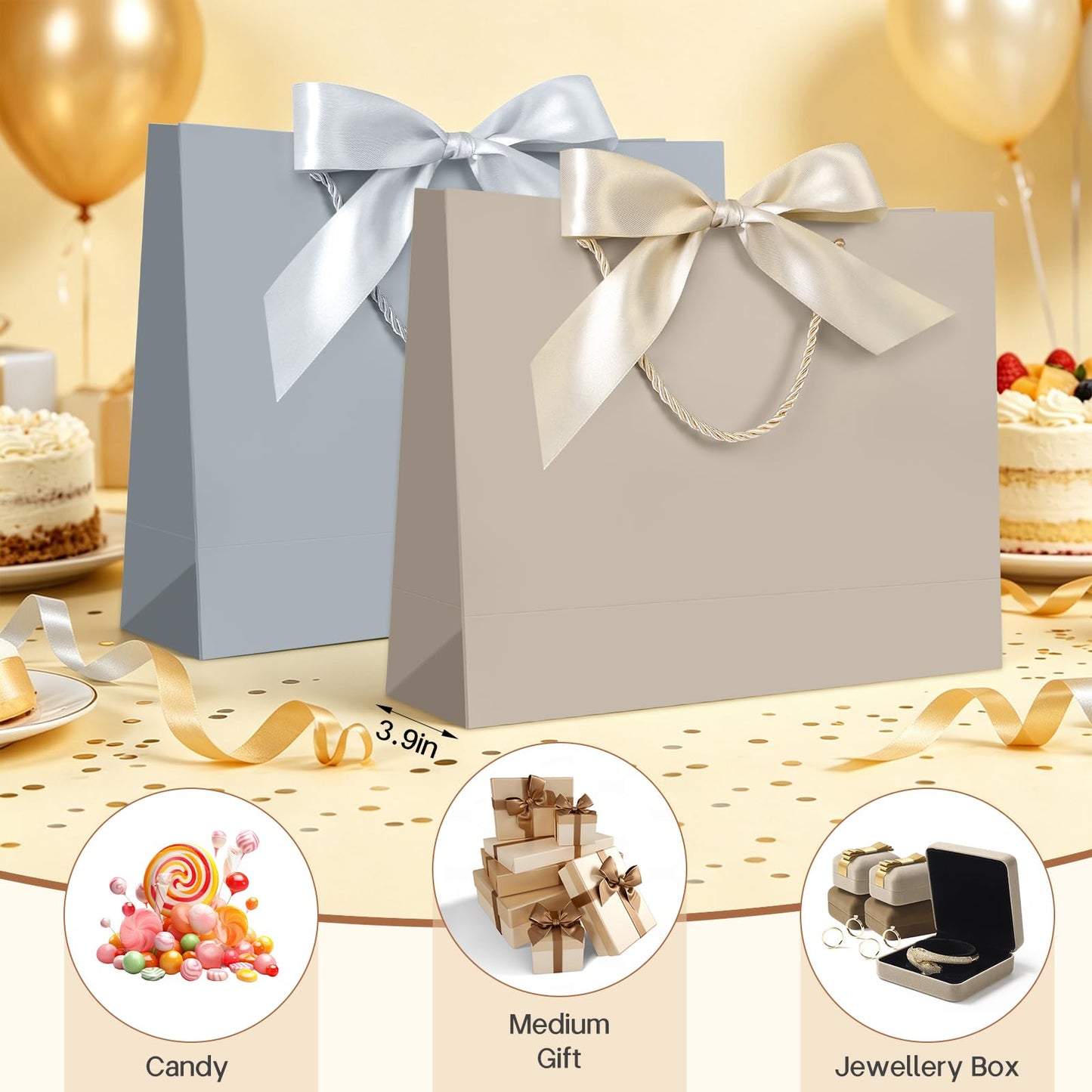 JMANNI Gift Bags with Handles, 13” Medium Gift Bag for Presents, 1 Pcs Bags with 2 Tissue Paper and 1 Cards for Baby Shower Wedding Bridal Shower Mother's Day Birthday Party（champagne gold）