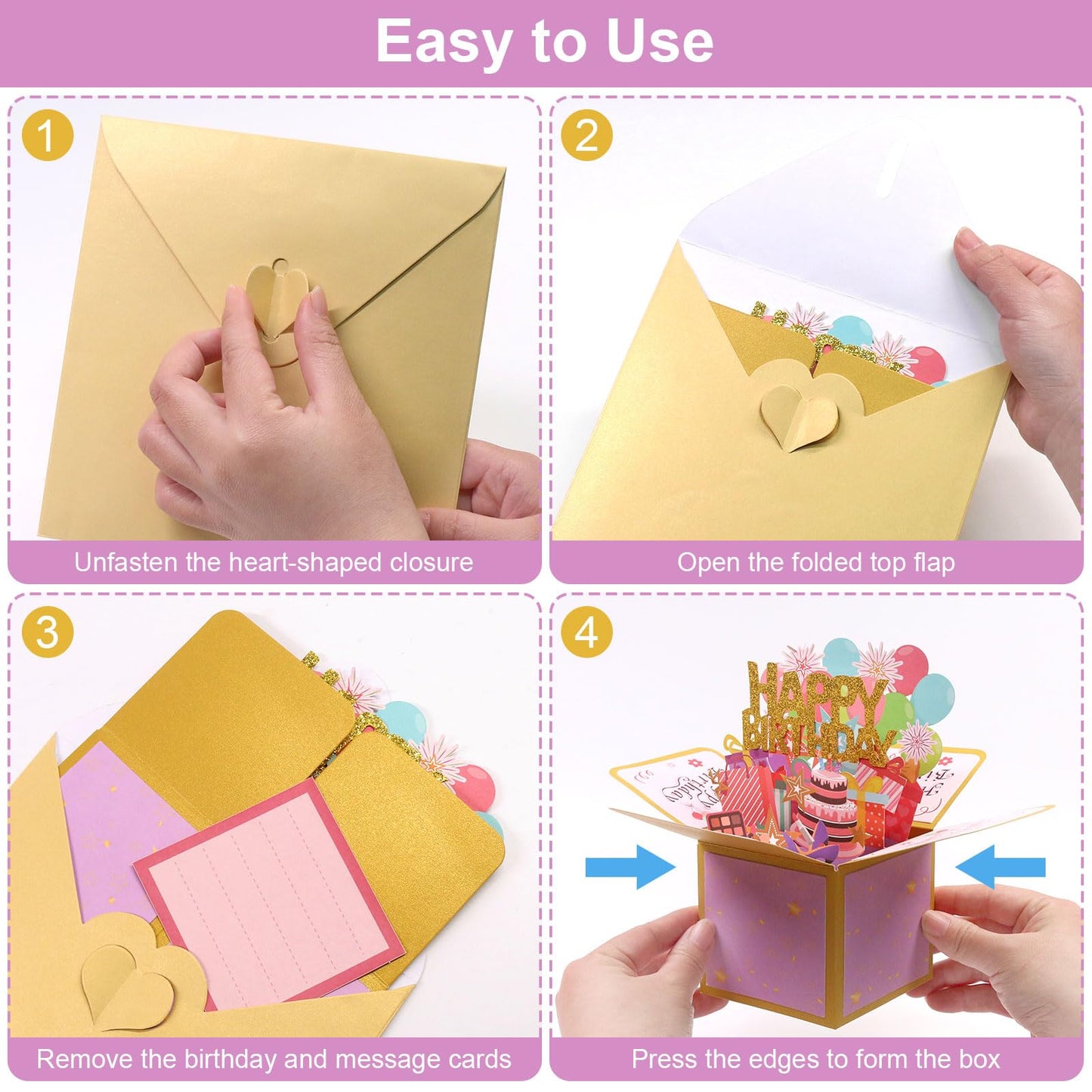Fushing 3D Pop Up Birthday Card - Sweet Birthday Box Greeting Card Box with Blank Message Card & Envelope, Unique Handmade Scrapbook for Wife, Women, Men, Kids, Daughter, Son, Mom, Dad, Friend (Pink)