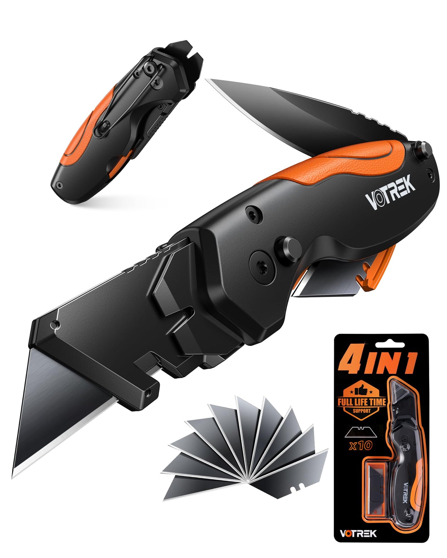VOTREK 4-in-1 Multitool Folding Utility Knife Box Cutter, Pocket Knives with Belt Clip, Quick-Change Razor Knife with Blade Storage, Navajas para Trabajo,Fathers Day Dad Gifts, Extra 10 SK5 Blades