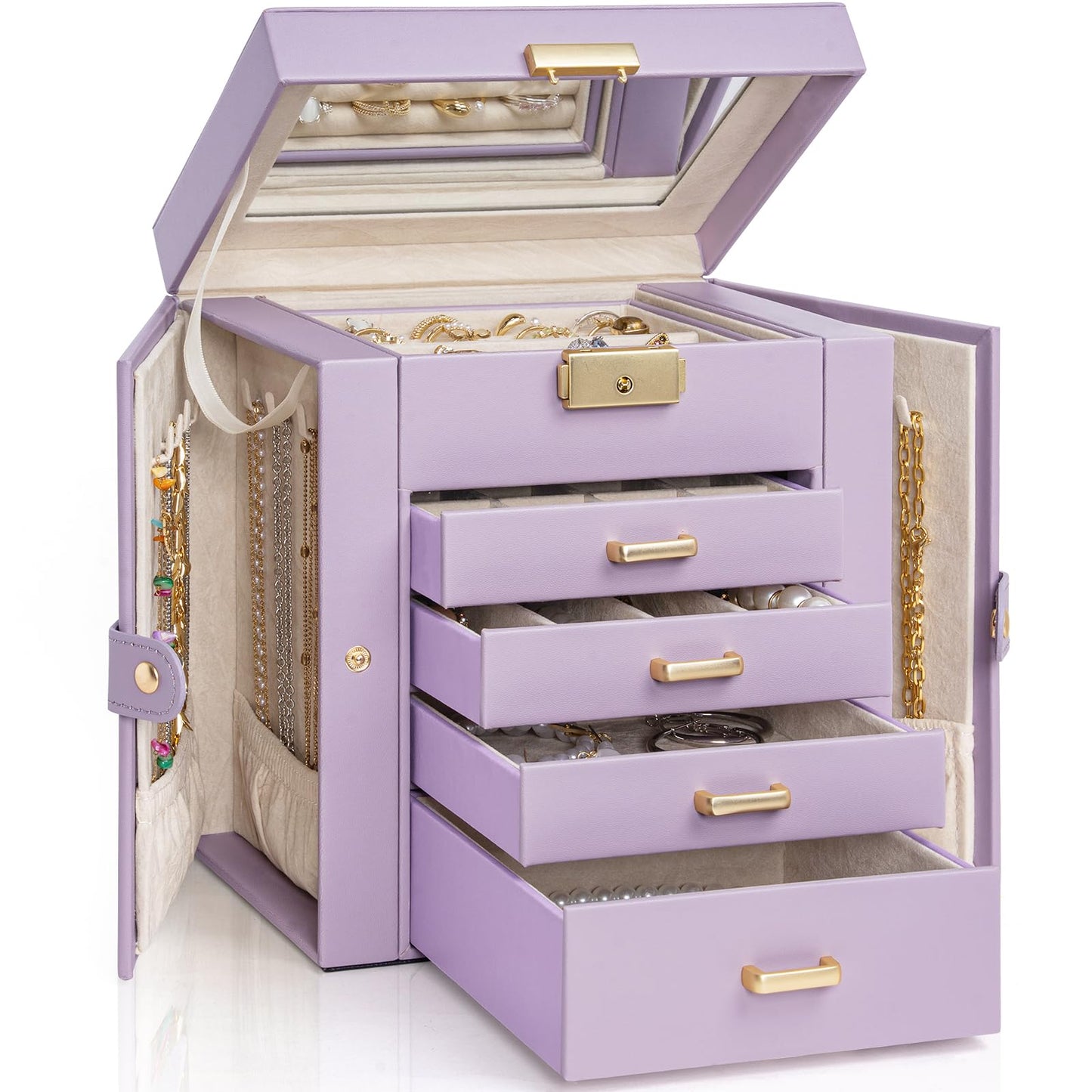 AKOZLIN 5-Tier Jewelry Box Leather Jewelry Storage Organizer with 4 Drawers Lockable for Women Girls Ring Necklace Earring Bracelet Watches Holder with Mirror Purple