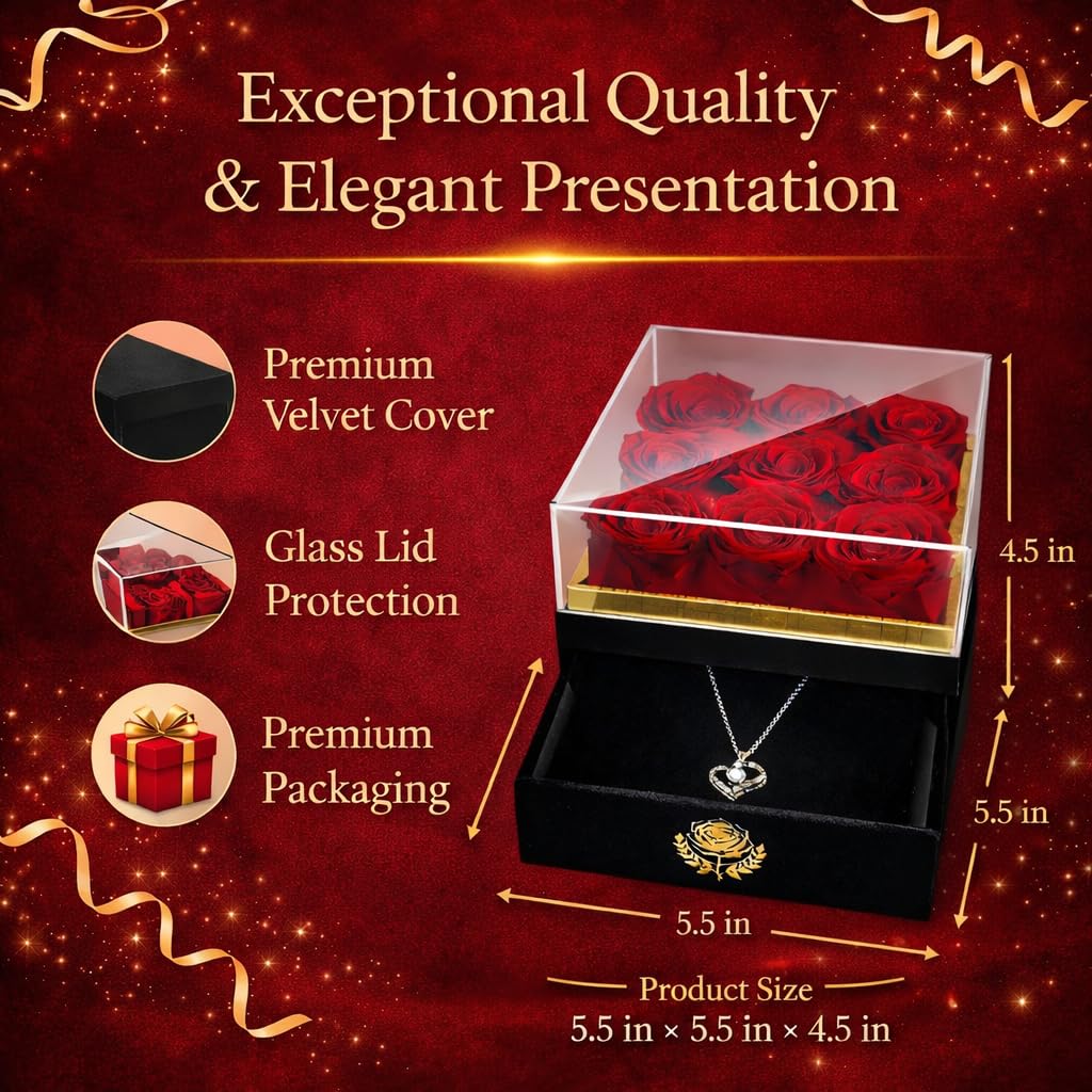 Eterno Bel Fiore Luxury Preserved Roses - I Love You Necklace - Velvet Box with Drawer - Luxury Gift for Valentines Day Birthdays Mother's Day Anniversaries - Wife Mom Girlfriend Sister
