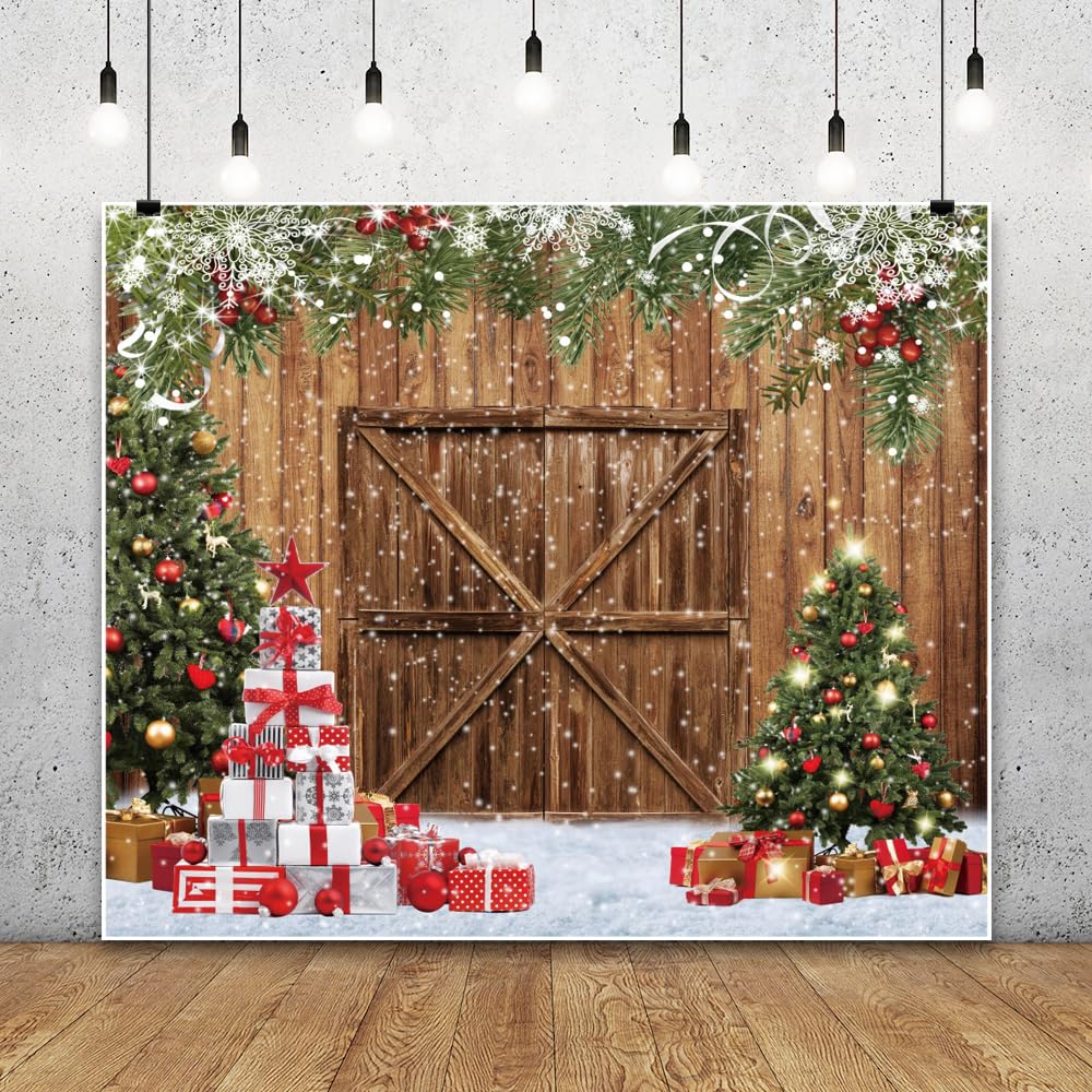 Merry Christmas Backdrop 10x10ft Xmas Tree Wood Barn Door Photography Backdrop Christmas Tree Wreath Gift Box Xmas Light Photoshoot Background New Year Xmas Party Decorations Backdrop Banner Supplies