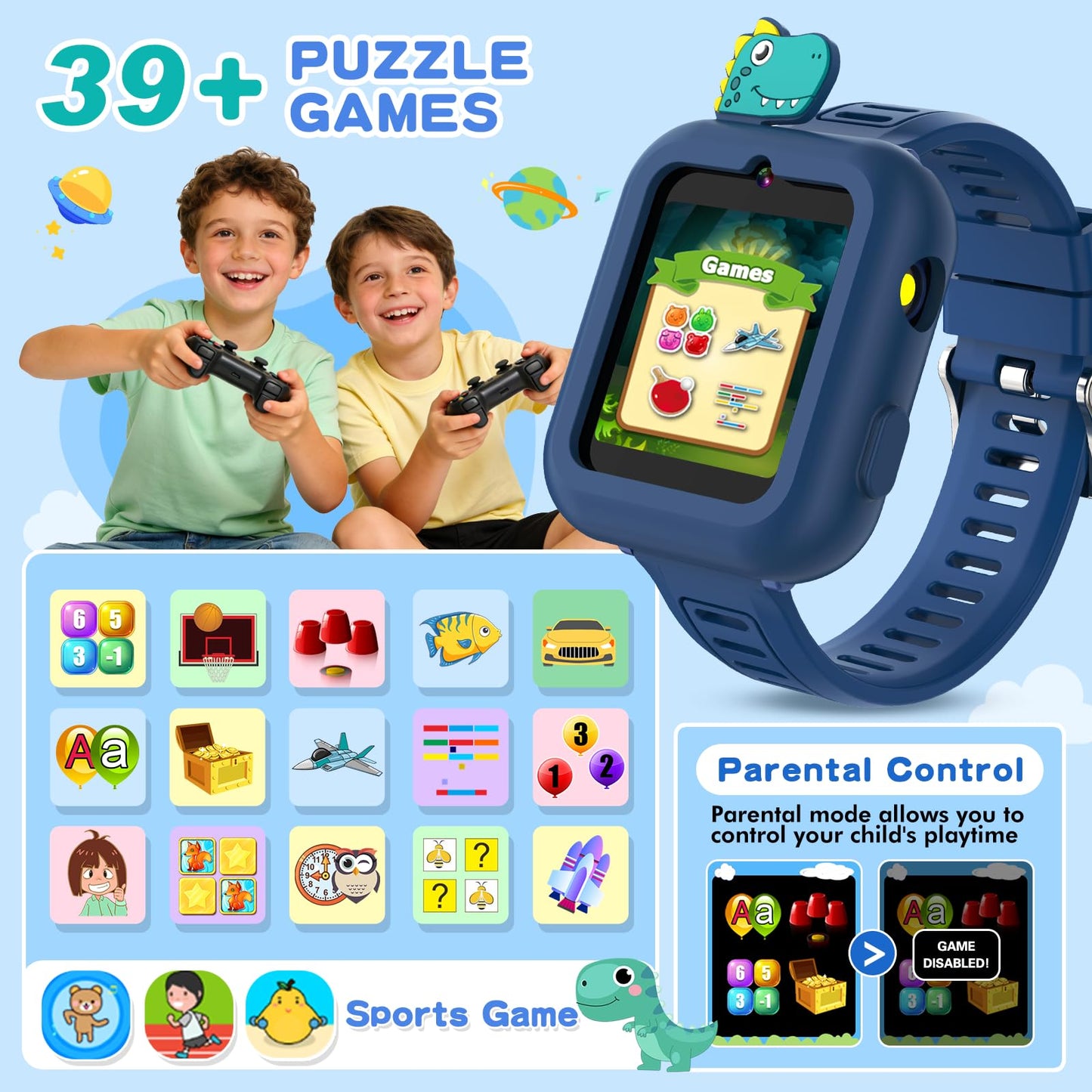 MOFGDNI Smart Watch for Kids with 39 Puzzle Games - HD Touch Screen Kids Watch, Camera, Music Player, Alarm Clock, Calculator, Pedometer, Flashlight, Puzzle Game for 3-12 Year Old Gifts for Boys