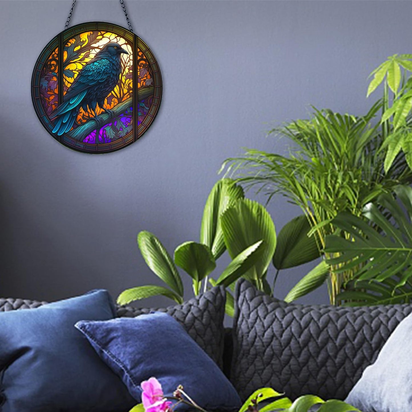 Gothic Raven Window Hanging - 12" Acrylic Suncatcher Alternative for Dark Decor, Witchy Aesthetic Indoor Ornament for Bedroom, Spooky for Women Men Bird Lovers(11.8"/30cm)