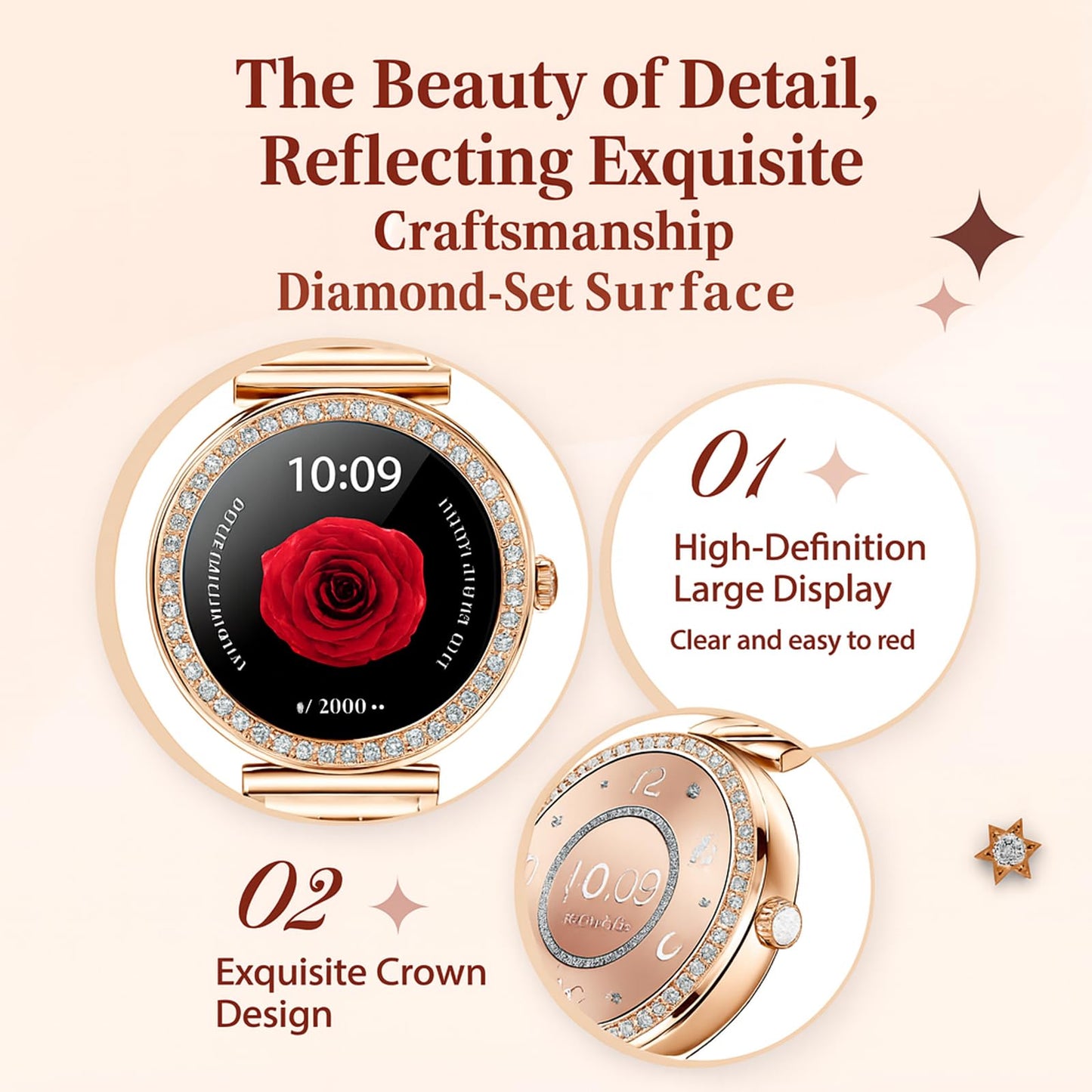 Smart Watches for Women Fitness Tracker with Diamonds Multi-Sport Modes Heart Rate Monitor Sleep Monitoring Bluetooth Calls Female Helath 1.27" Dainty Smartwatch for Android iOS Rosegold Mix