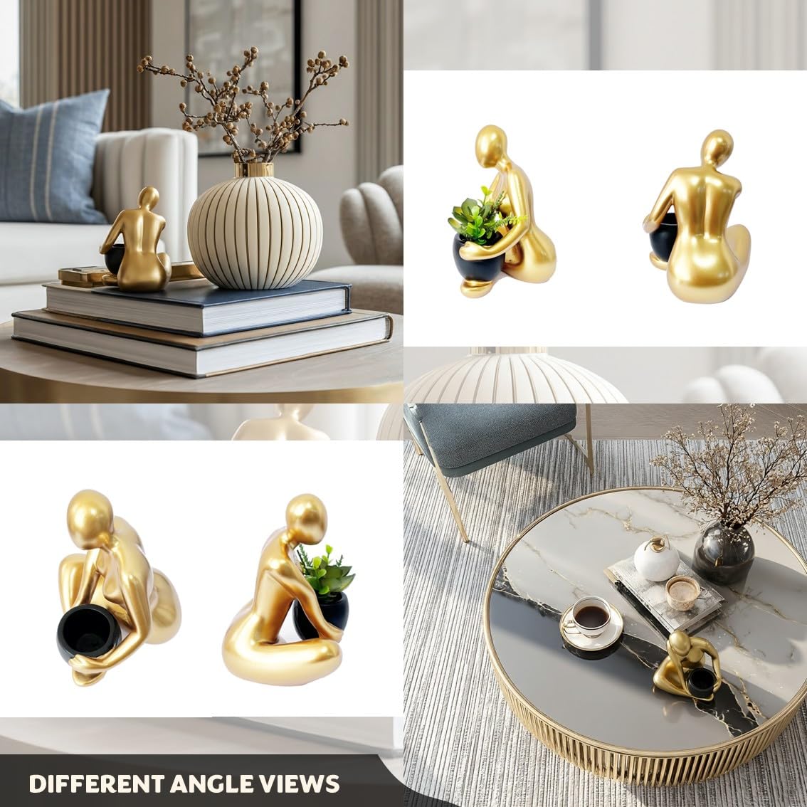 Senea Kay Modern Abstract Statue with Removable Faux Succulents Plants – Resin Figurine Home Decor Accents, Coffee Table Shelf Styling. Collectible Art Luxury Gift Items Woman thinker sculpture (Gold)