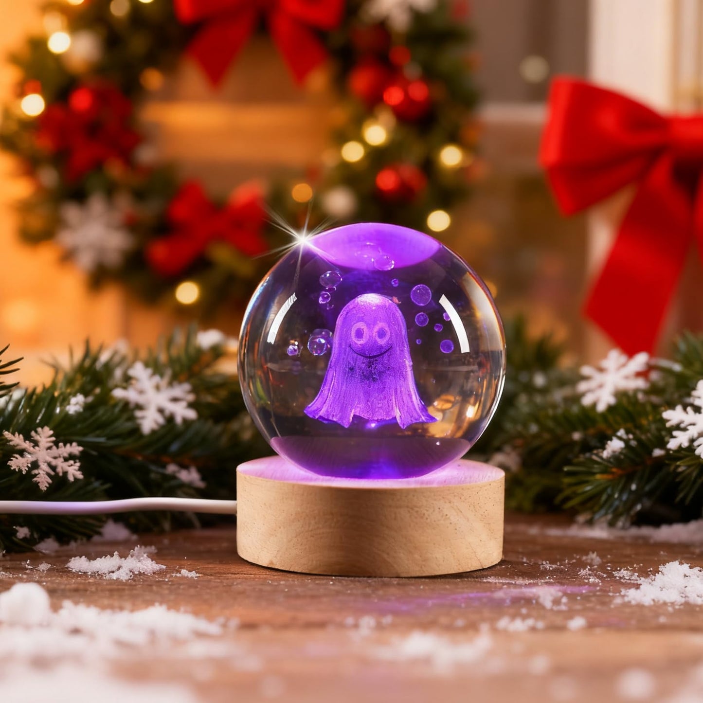 YummyCarrot 3D Ghost Crystal Ball Night Light,2.36inch Laser Engraved Led Light with Wooden Base, Gifting Box for Birthday Xmas Cool Figurines Gifts for Halloween Room Decor Boys Girls