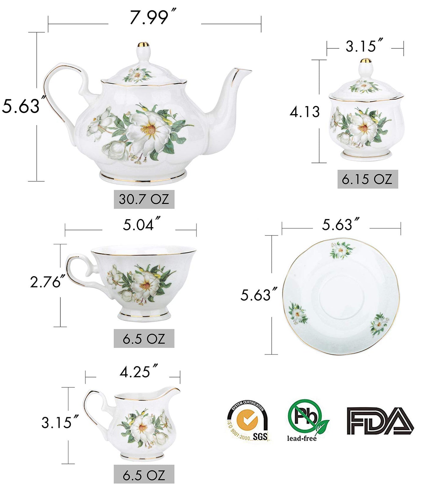 CHENP.HMC Porcelain Tea Set Tea Cup Set 22-Piece Porcelain Ceramic Coffee Tea Gift Sets Cups Saucer Service for 6 Teapot Sugar Bowl Creamer Pitcher and Teaspoons tea pot sets(Camellia)