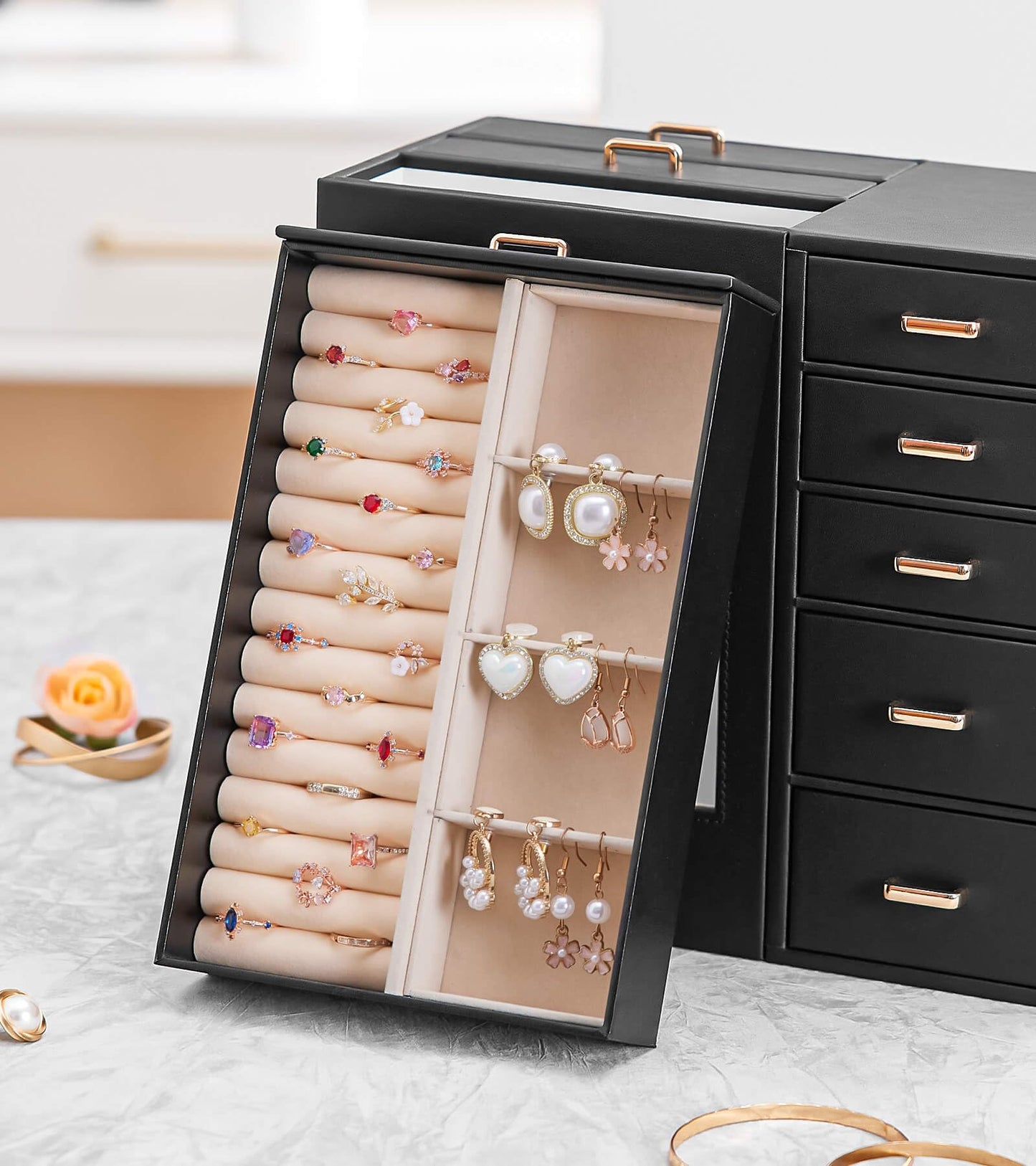 Homde Jewelry Organizer large for Dresser: Big Jewelry Box for Women - Holder with Drawers - Elegent Necklace Earring Ring Display Modern Gift (Black)