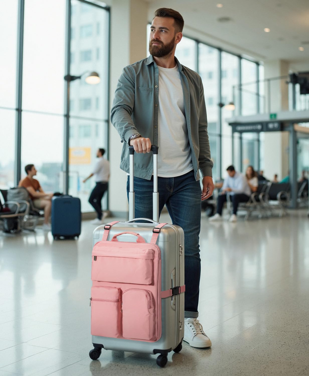 MIAOJIE Over Luggage Organizer Bag for Suitcase with Multi Pockets, 16” Laptop Bag with Handle,Portable Travel Organizer Bags for Luggage with Adjustable Straps,Tote Carry Bag for Women Men(Pink)