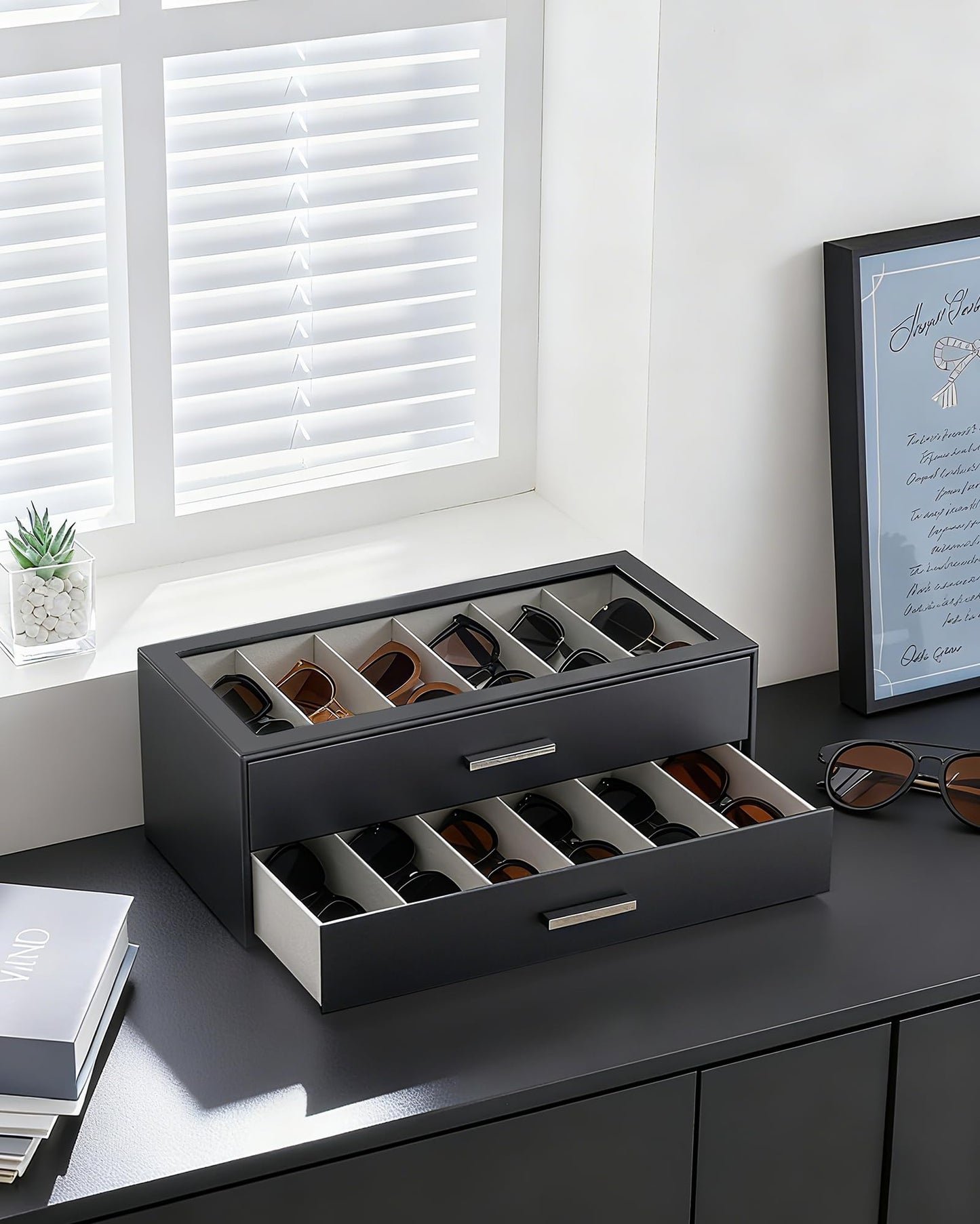 Lolalet 12 Slots Sunglasses Organizer, 2-Layer Sunglass Box with Transparent Glass Lid Display Case Storage Holder for Eyewear Eyeglass Multiple Pairs Glasses, Mothers Day Gifts-Black