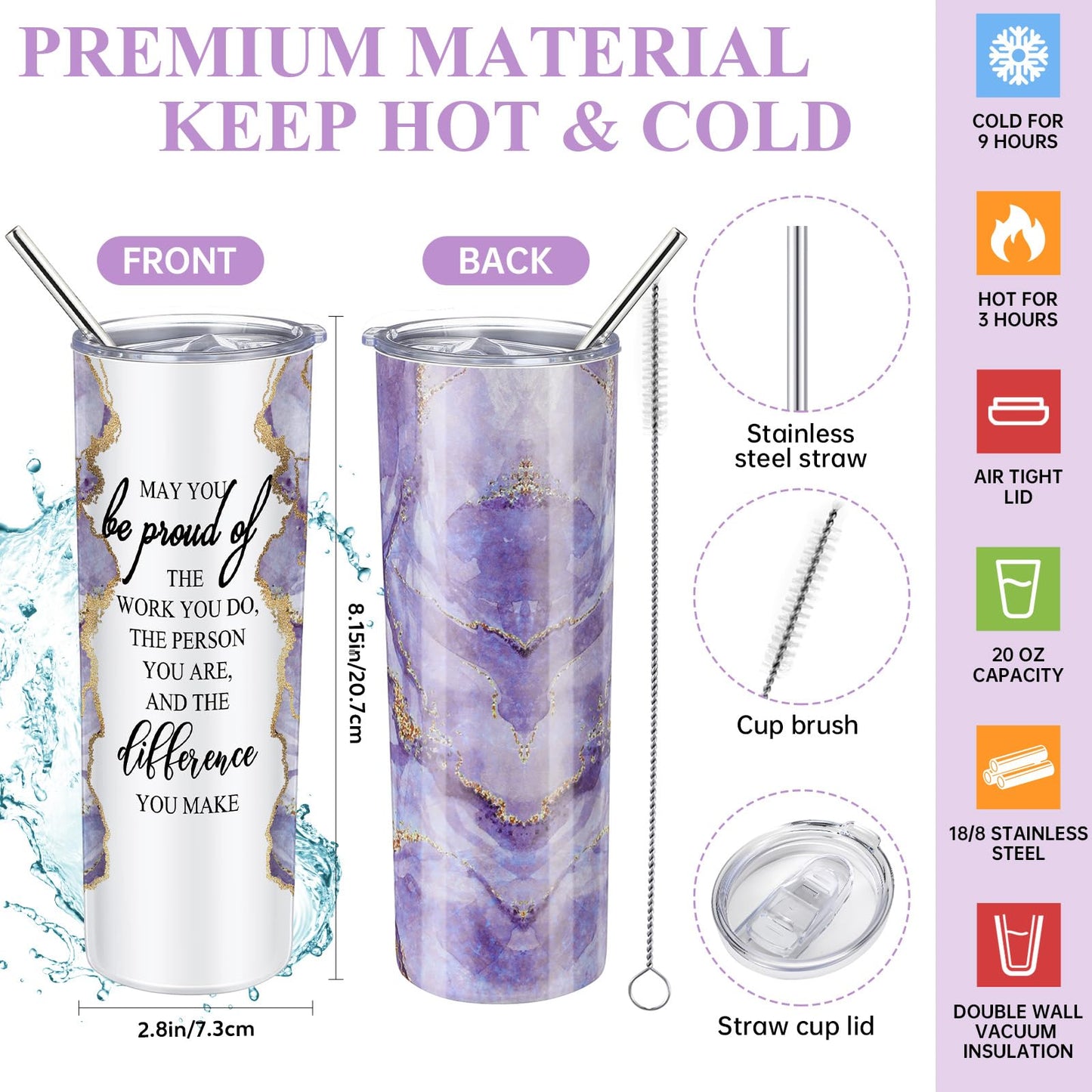 Domensi 6 Pcs Employee Appreciation Gift Set for Women Female Thank You Gift May You Be Proud 20 oz Rustic Marble Sign Tumbler Makeup Bag Journal for Nurse Lady Work Business(Purple)