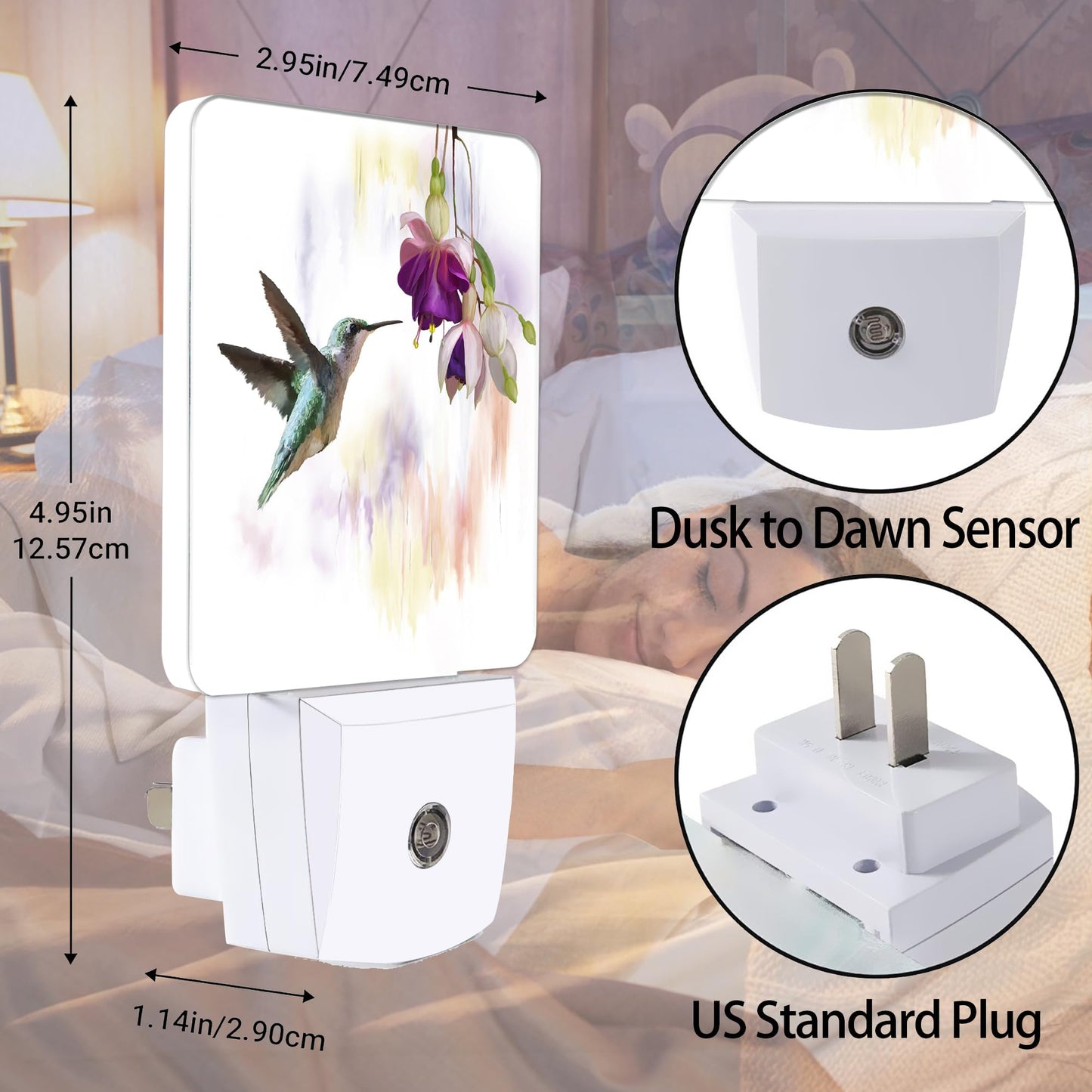 Jopowide Groovy Hummingbird Flowers Dusk to Dawn Night Light, Auto Sensor Lamp Home Indoor Stairway Kitchen Corridor, Night Lights Plug into Wall Decor, Boys Girls Women Men Room Gifts