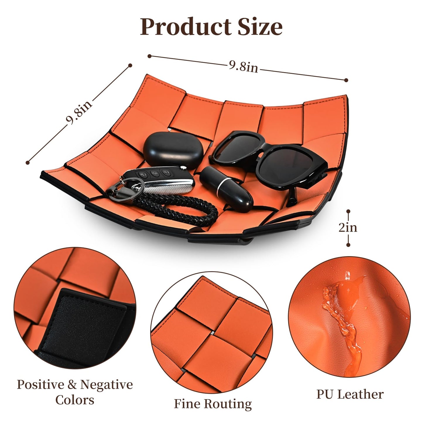MSJGA Valet Tray PU Leather Key Holder Bowl for Women and Men Entryway Table Nightstand Desk Tray for Wallet, Keys Men's Gift - Orange & Black, 9.8" L x 9.8" W x 2" H