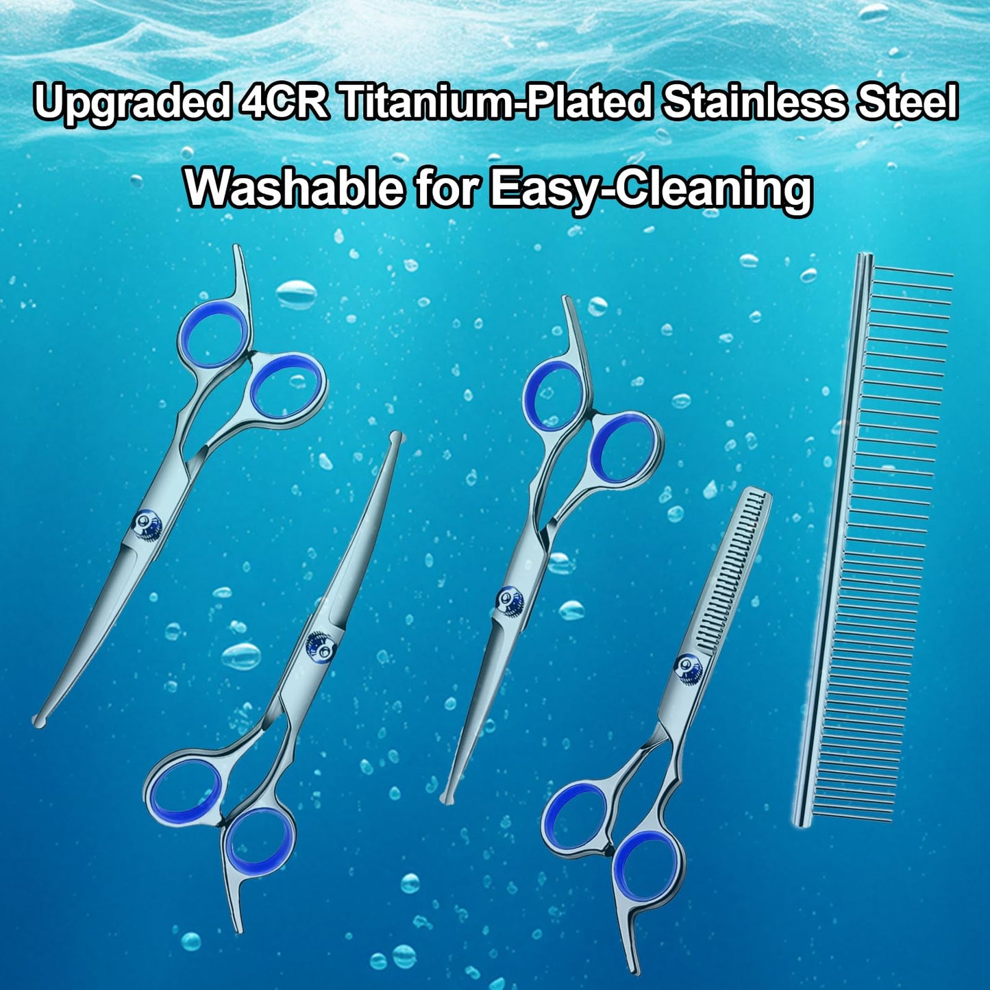 HCHYEY Dog Grooming Scissor, 7-in-1 Pet Grooming Scissor for Dogs, Professional Dog Grooming Kit with Safety Round Tips, Titanium Coated Cat Scissors Kit for Home Grooming (Blue)